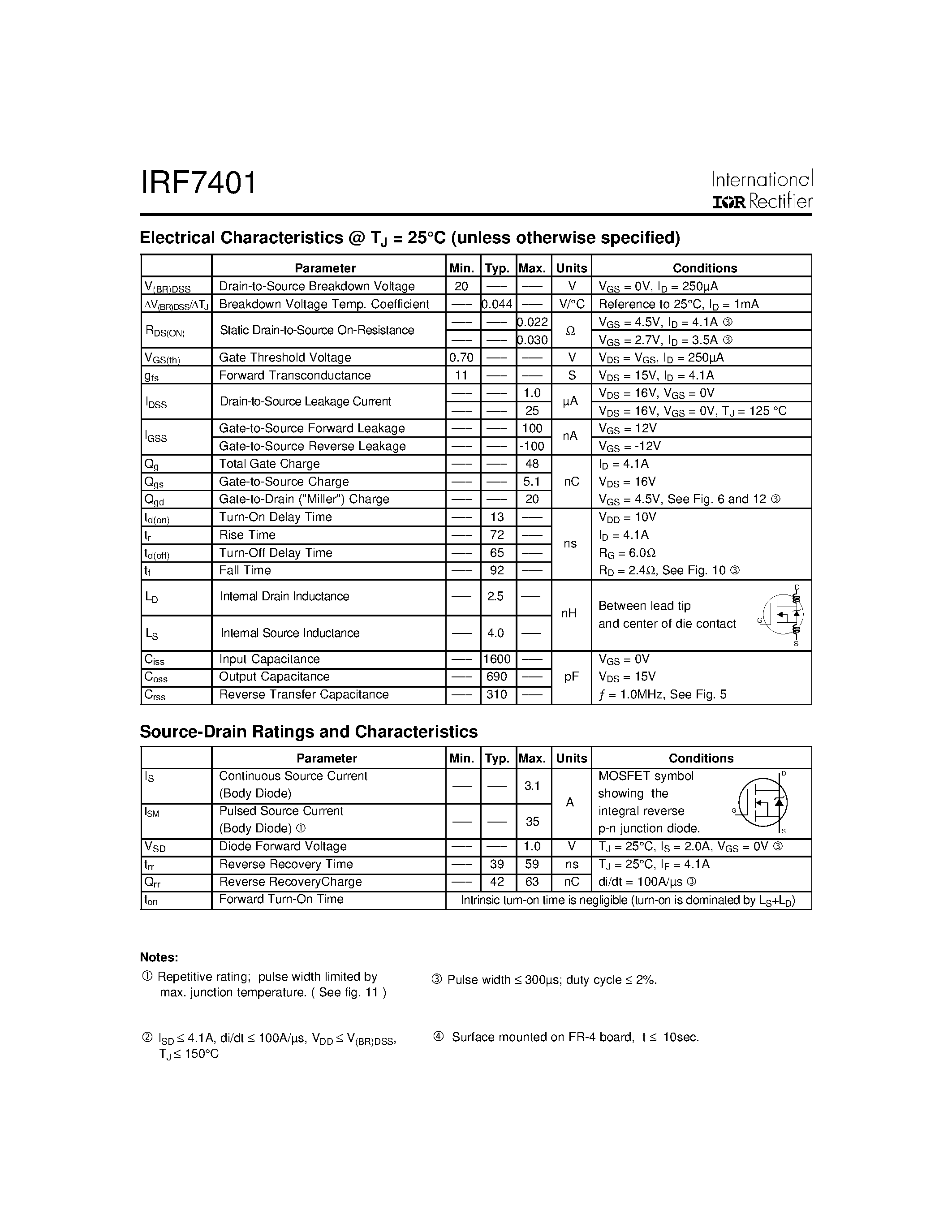 Datasheet IRF7401 page 2 Datasheet IRF7401 - Power MOSFET(Vdss=20V/ Rds(on)=0.022ohm) page 2