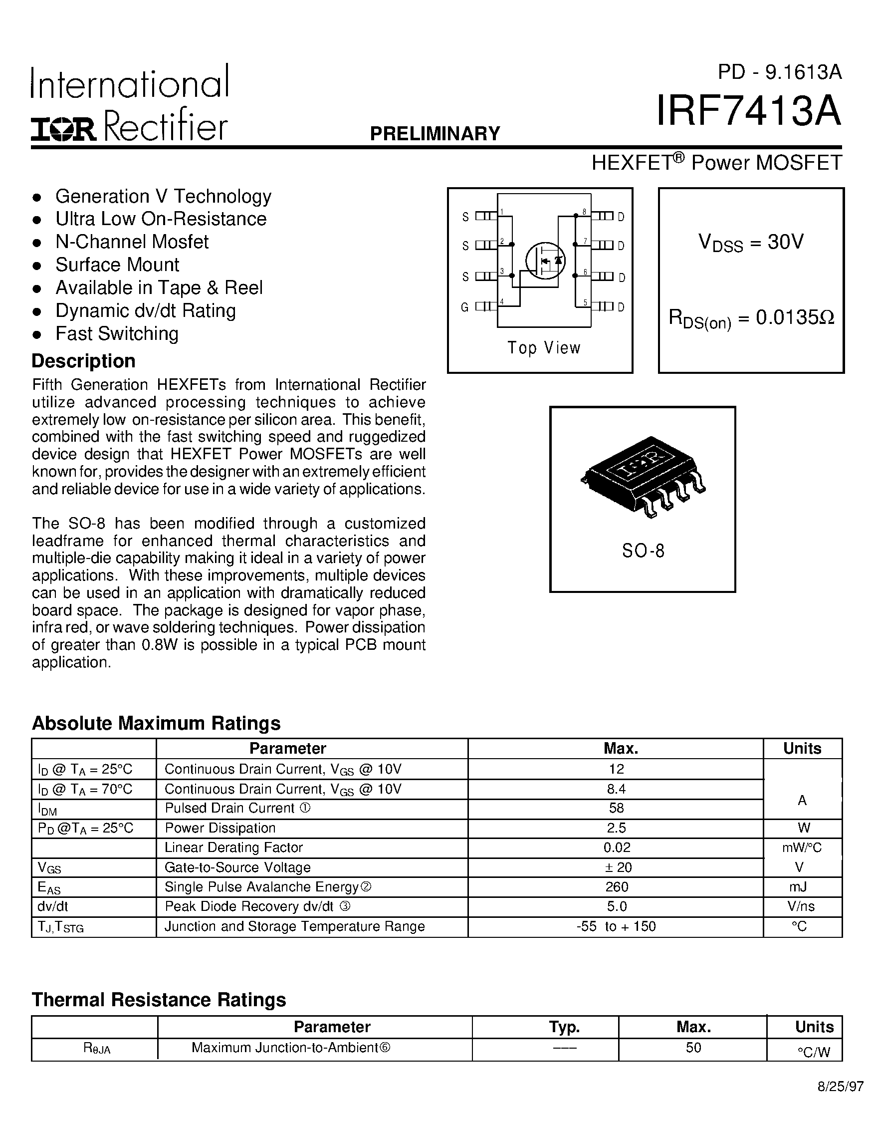 Datasheet IRF7413A - Power MOSFET(Vdss=30V/ Rds(on)=0.0135ohm) page 1