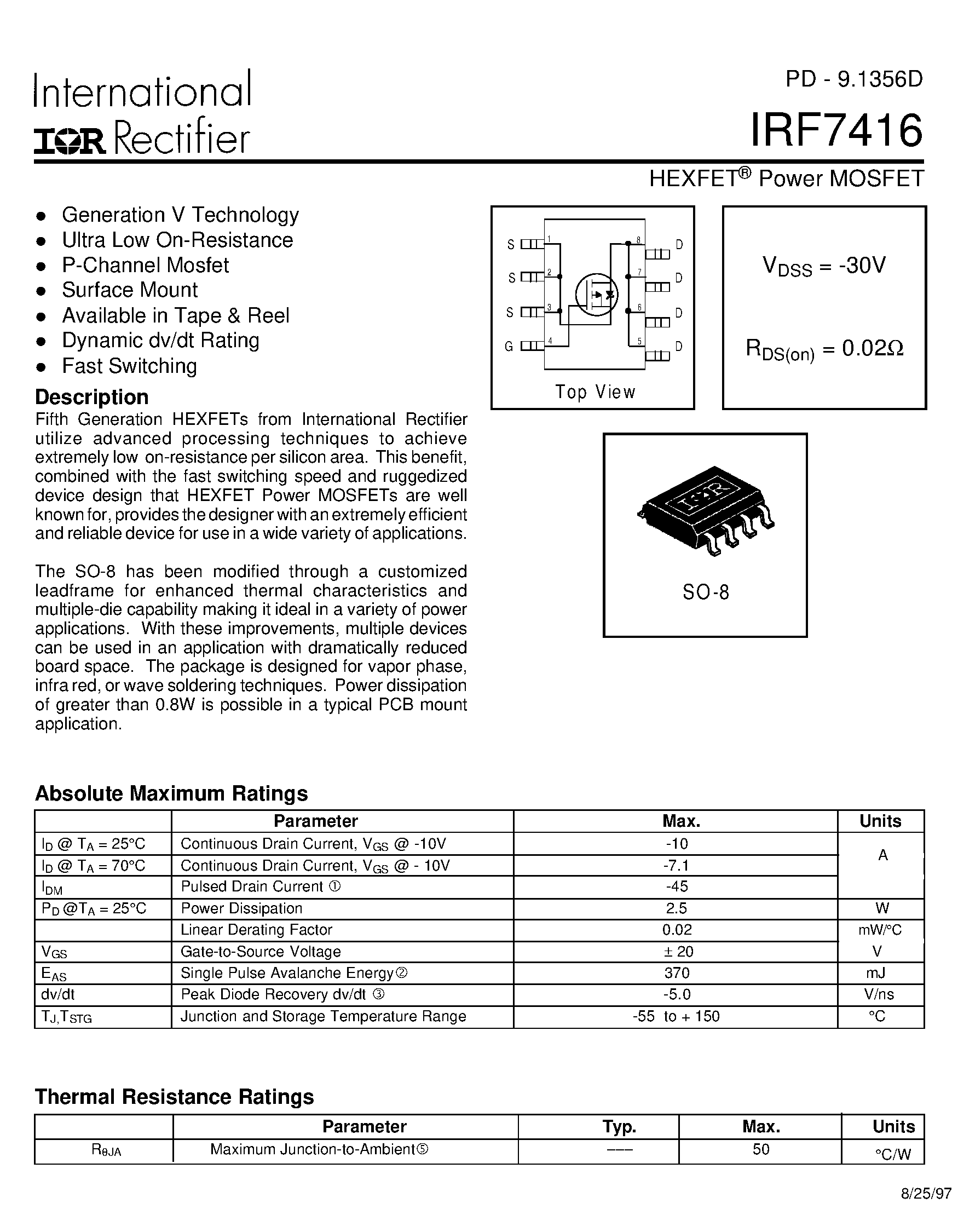 Datasheet IRF7416 - Power MOSFET(Vdss=-30V/ Rds(on)=0.02ohm) page 1