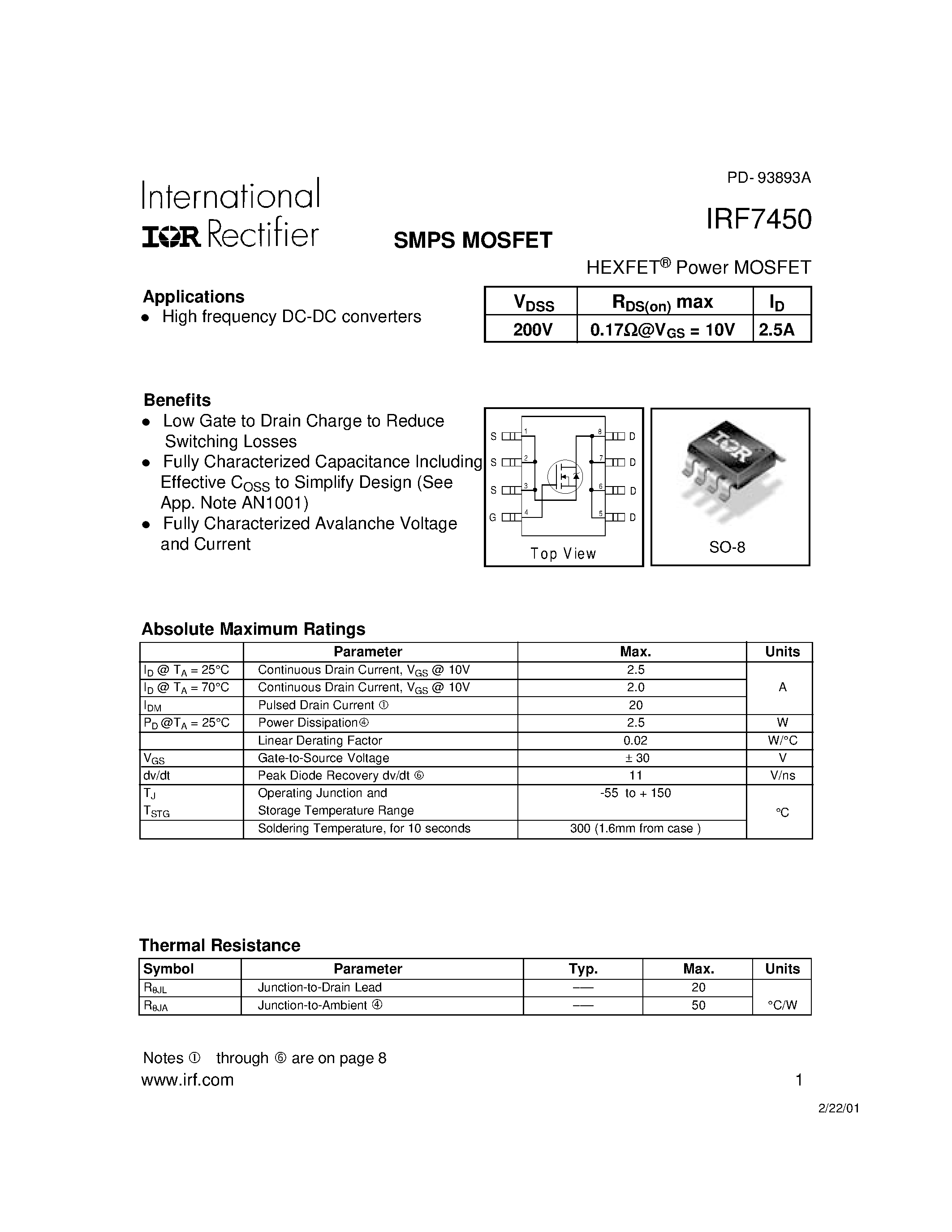 Datasheet IRF7450 - SMPS MOSFET page 1