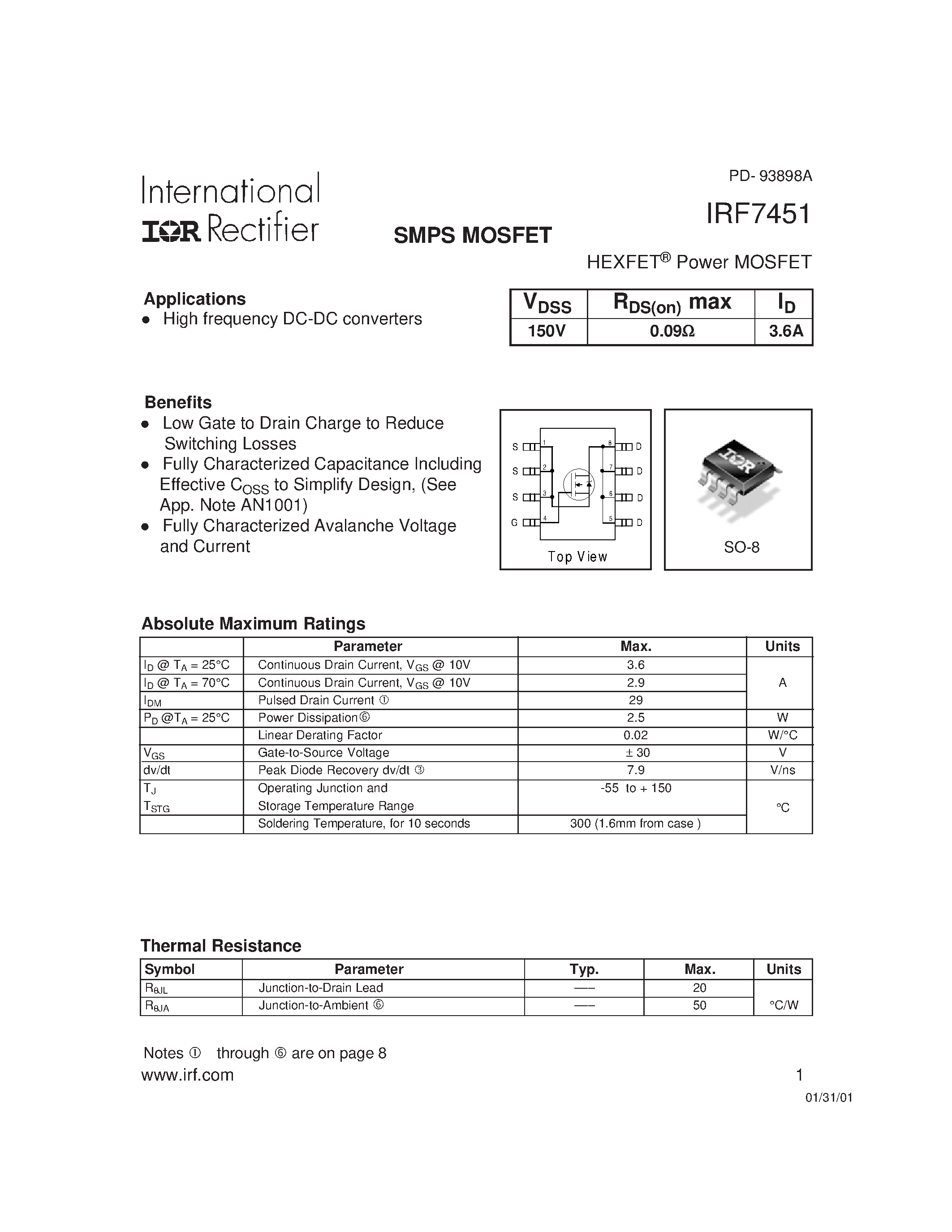 Datasheet IRF7451 - Power MOSFET(Vdss=150V/ Rds(on)max=0.09ohm/ Id=3.6A) page 1