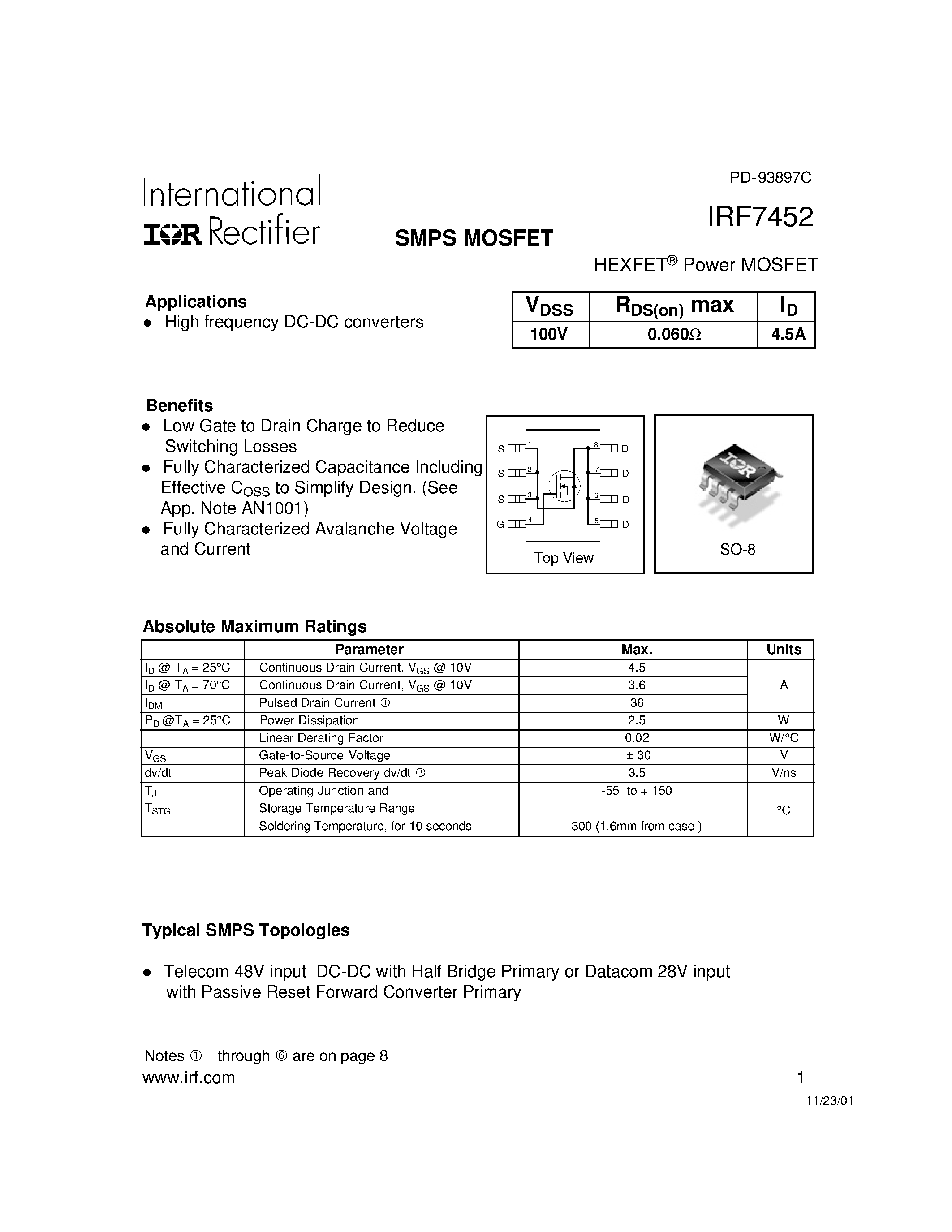 Даташит IRF7452 - Power MOSFET(Vdss=100V/ Rds(on)max=0.060ohm/ Id=4.5A) страница 1