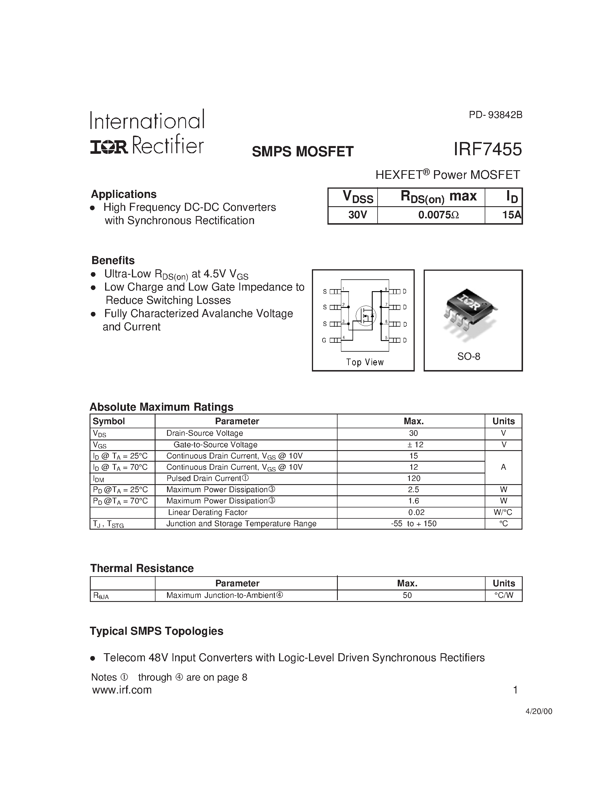 Datasheet IRF7455 - Power MOSFET(Vdss=30V/ Rds(on)max=0.0071ohm/Id=15A) page 1