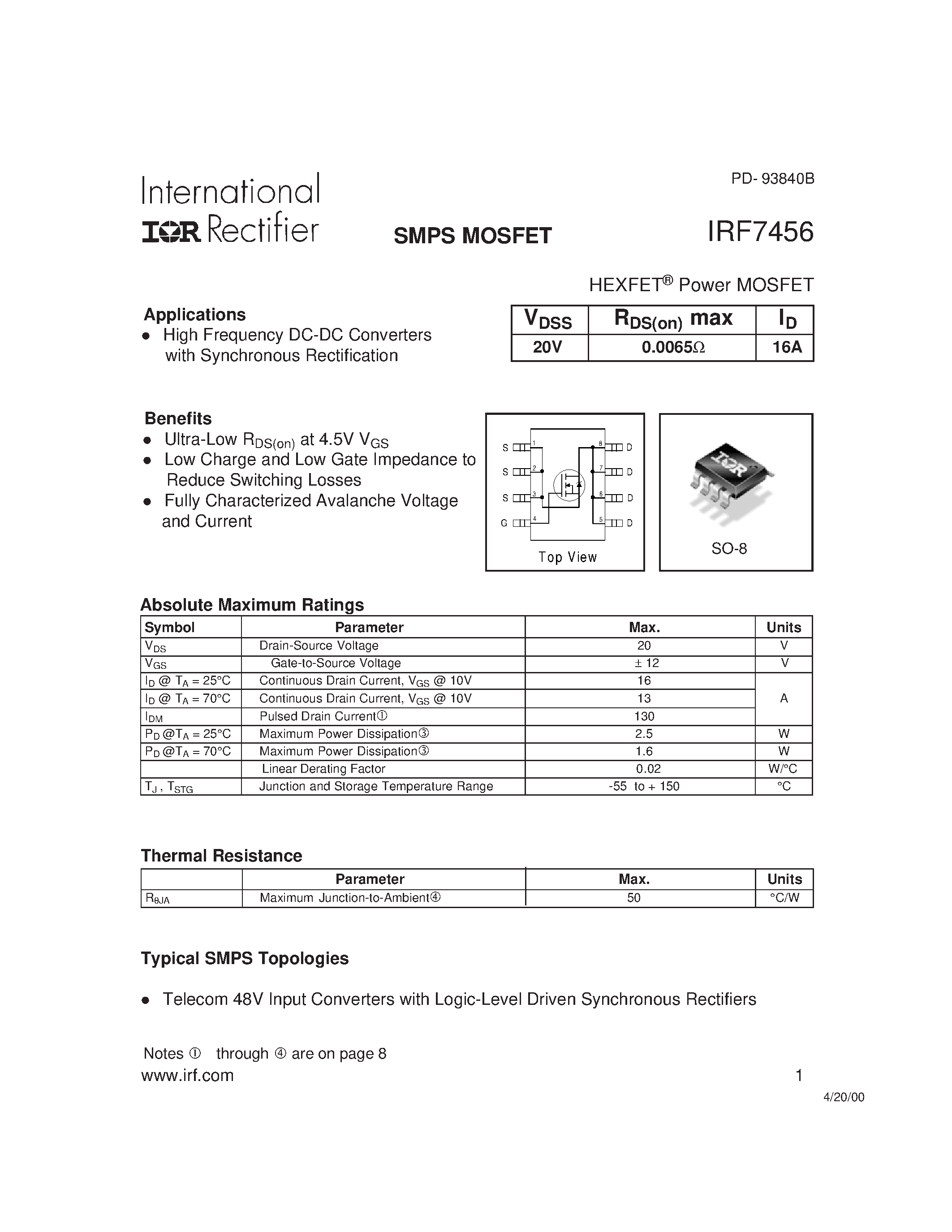 Datasheet IRF7456 - Power MOSFET(Vdss=20V/ Rds(on)max=0.0065ohm/ Id=16A) page 1