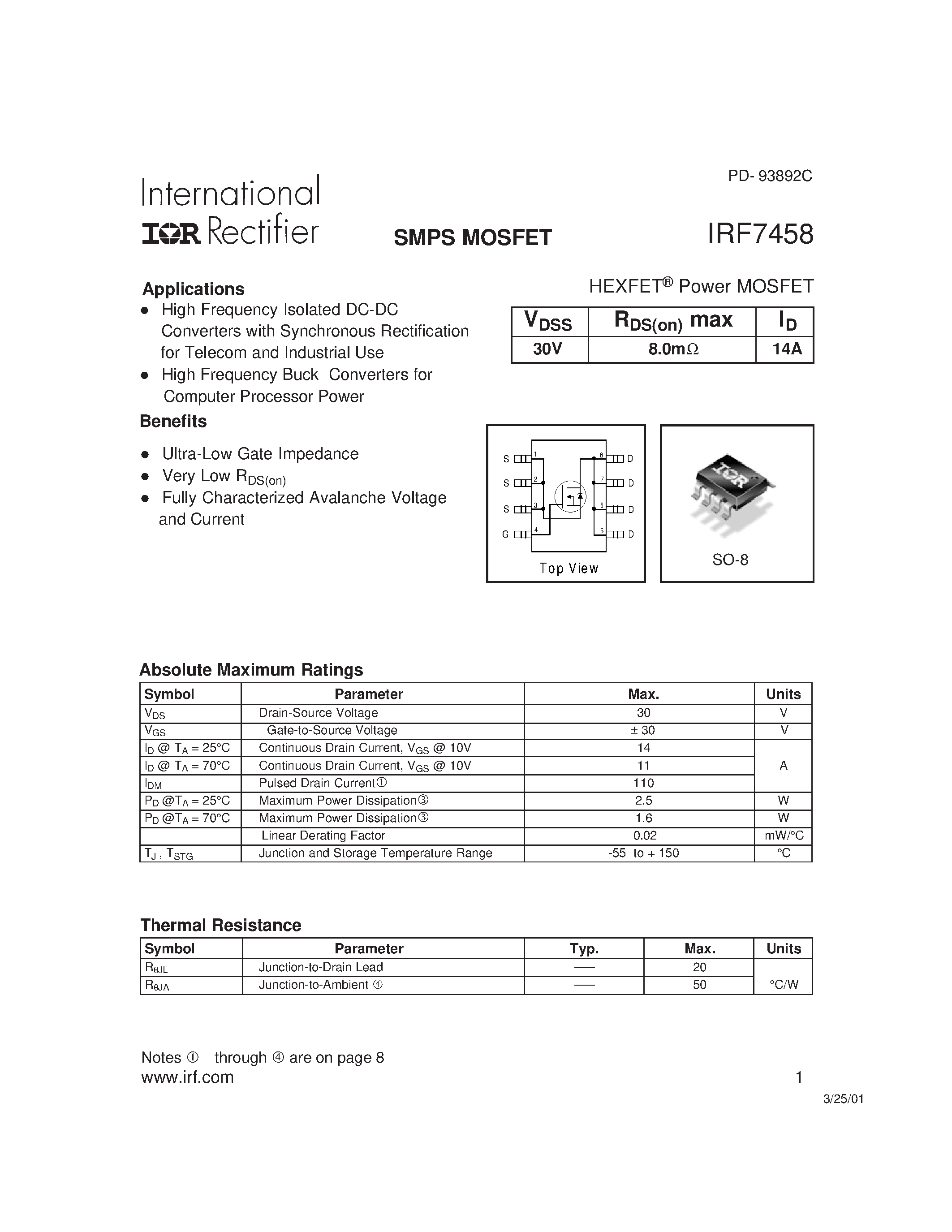 Datasheet IRF7458 - Power MOSFET(Vdss=30V/ Rds(on)max=8.0mohm/ Id=14A) page 1