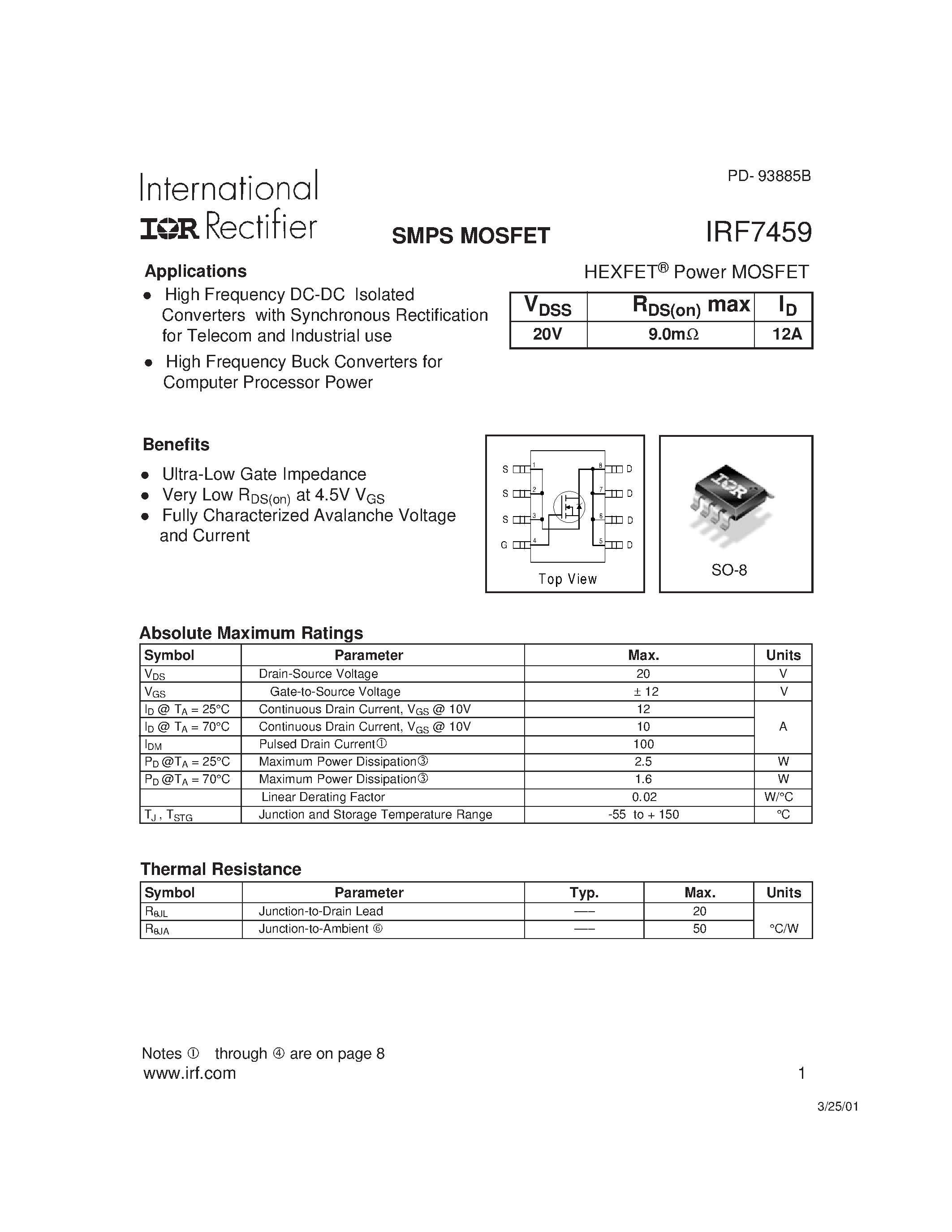 Datasheet IRF7459 - Power MOSFET(Vdss=20V/ Rds(on)max=9.0mohm/ Id=12A) page 1