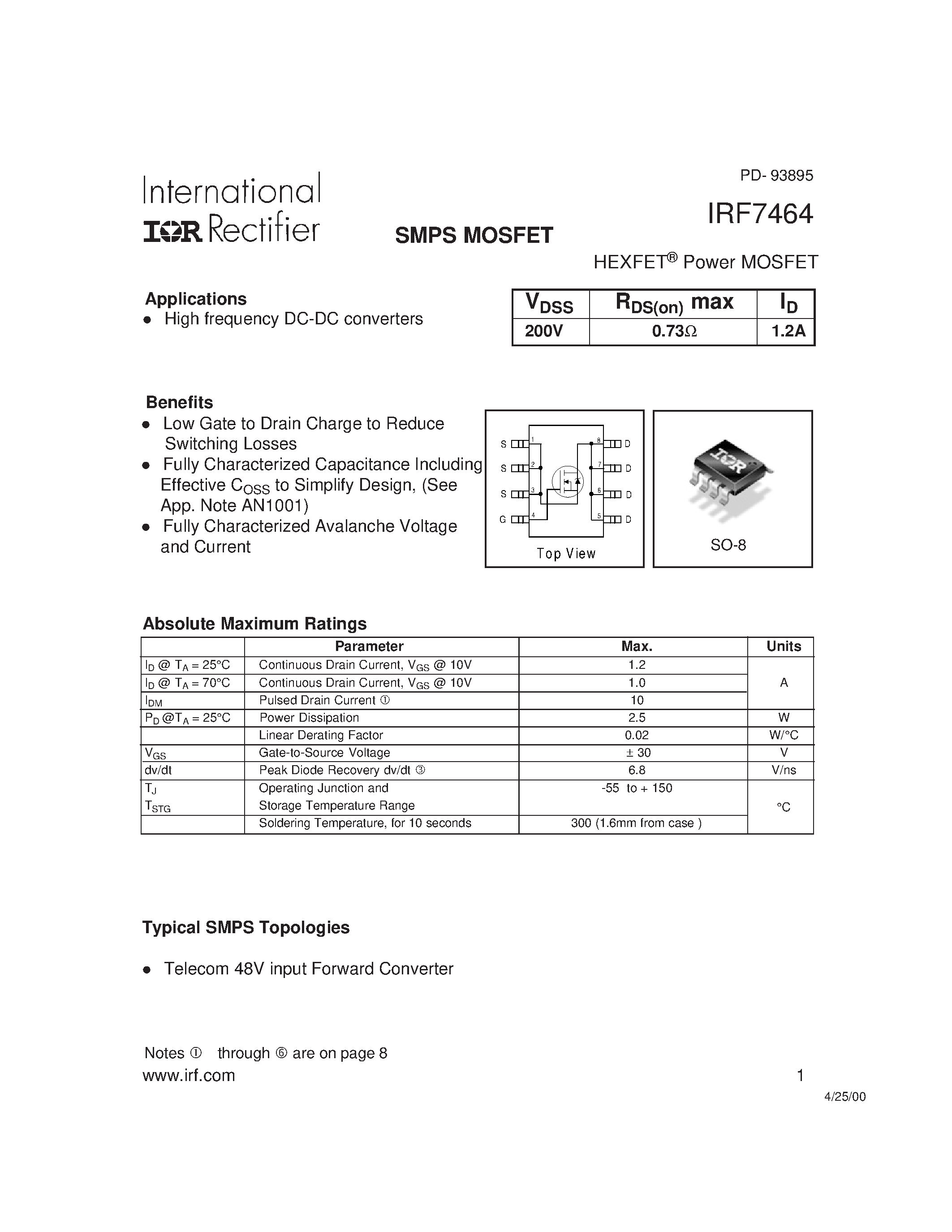 Datasheet IRF7464 - Power MOSFET(Vdss=200V/ Rds(on)max=0.73ohm/ Id=1.2A) page 1