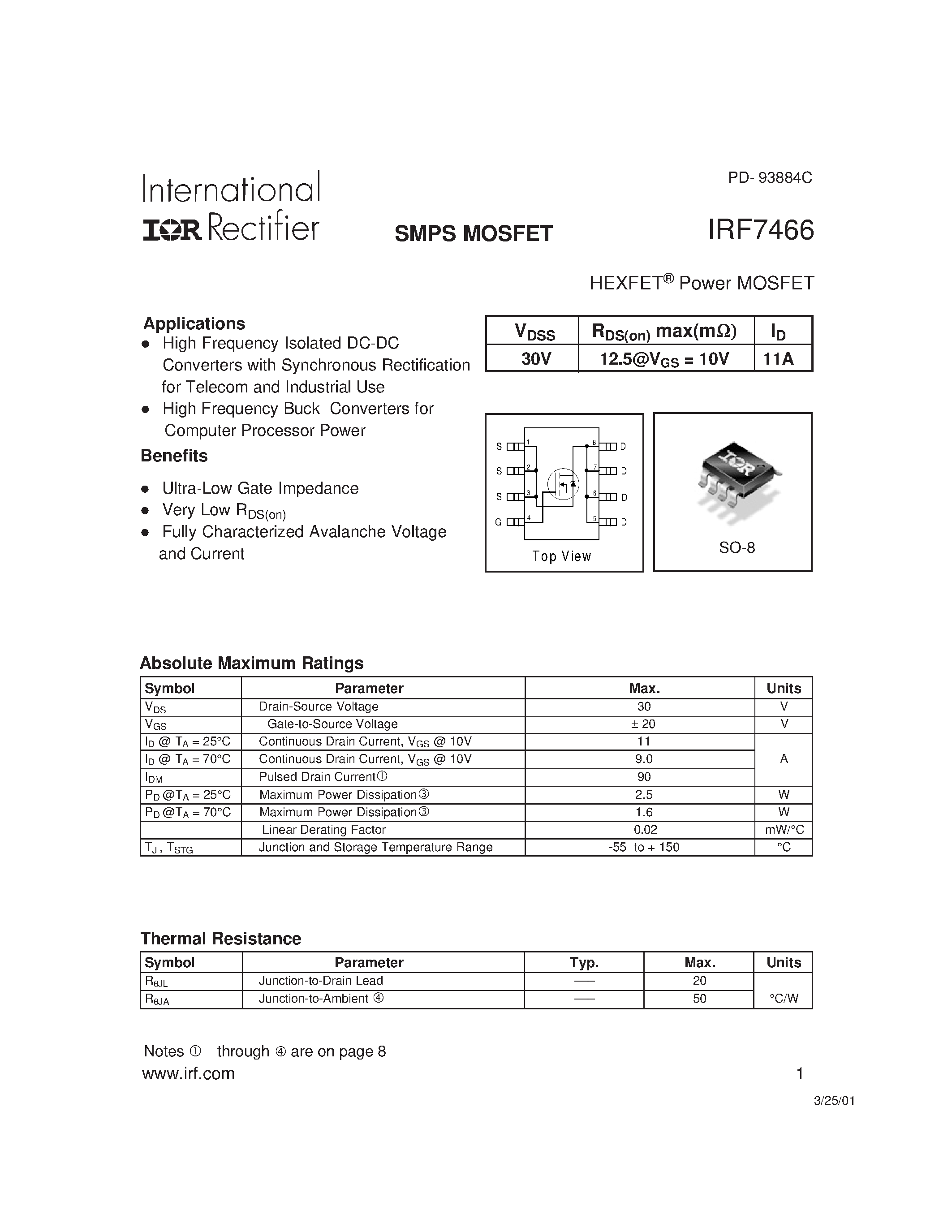 Datasheet IRF7466 - Power MOSFET(Vdss=30V/ Id=11A) page 1