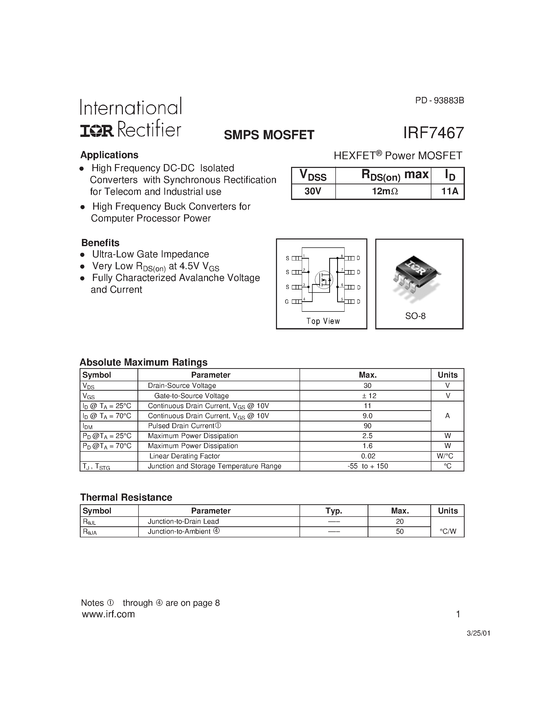 Datasheet IRF7467 - Power MOSFET(Vdss=30V/ Rds(on)max=12mohm/ Id=11A) page 1