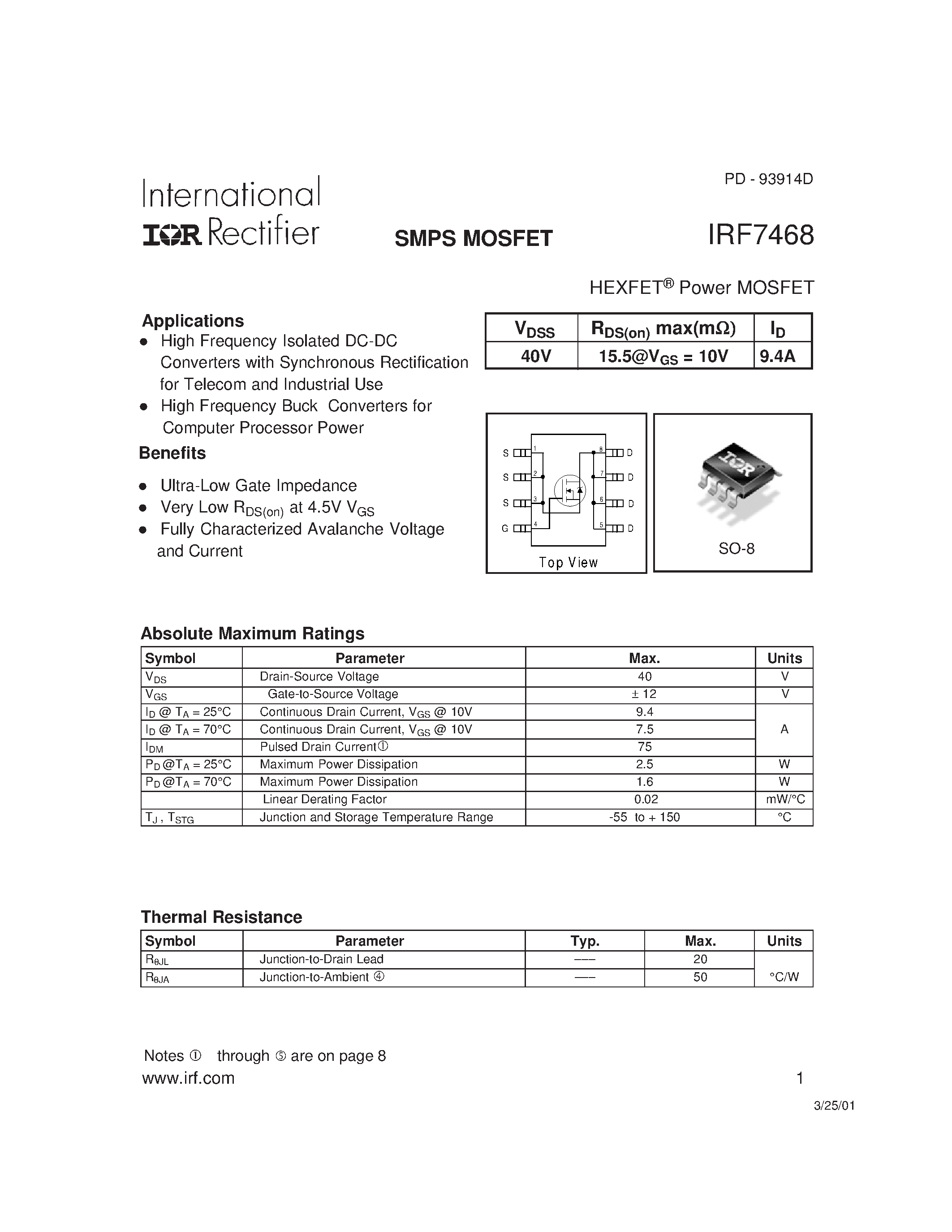 Даташит на микросхему IRF7468 страница 1 Даташит IRF7468 - Power MOSFET(Vdss=40V/ Id=9.4A) страница 1
