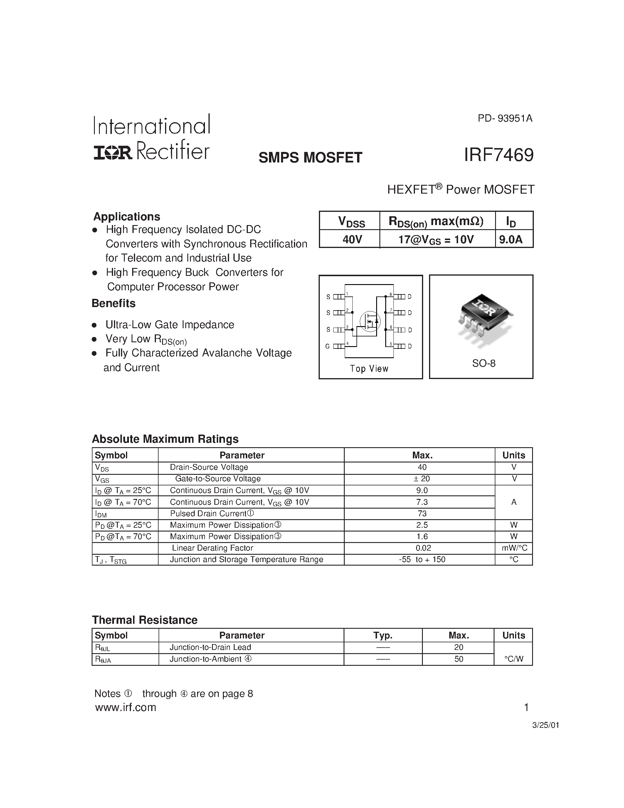 Datasheet IRF7469 - Power MOSFET(Vdss=40V/ Id=9.0A) page 1