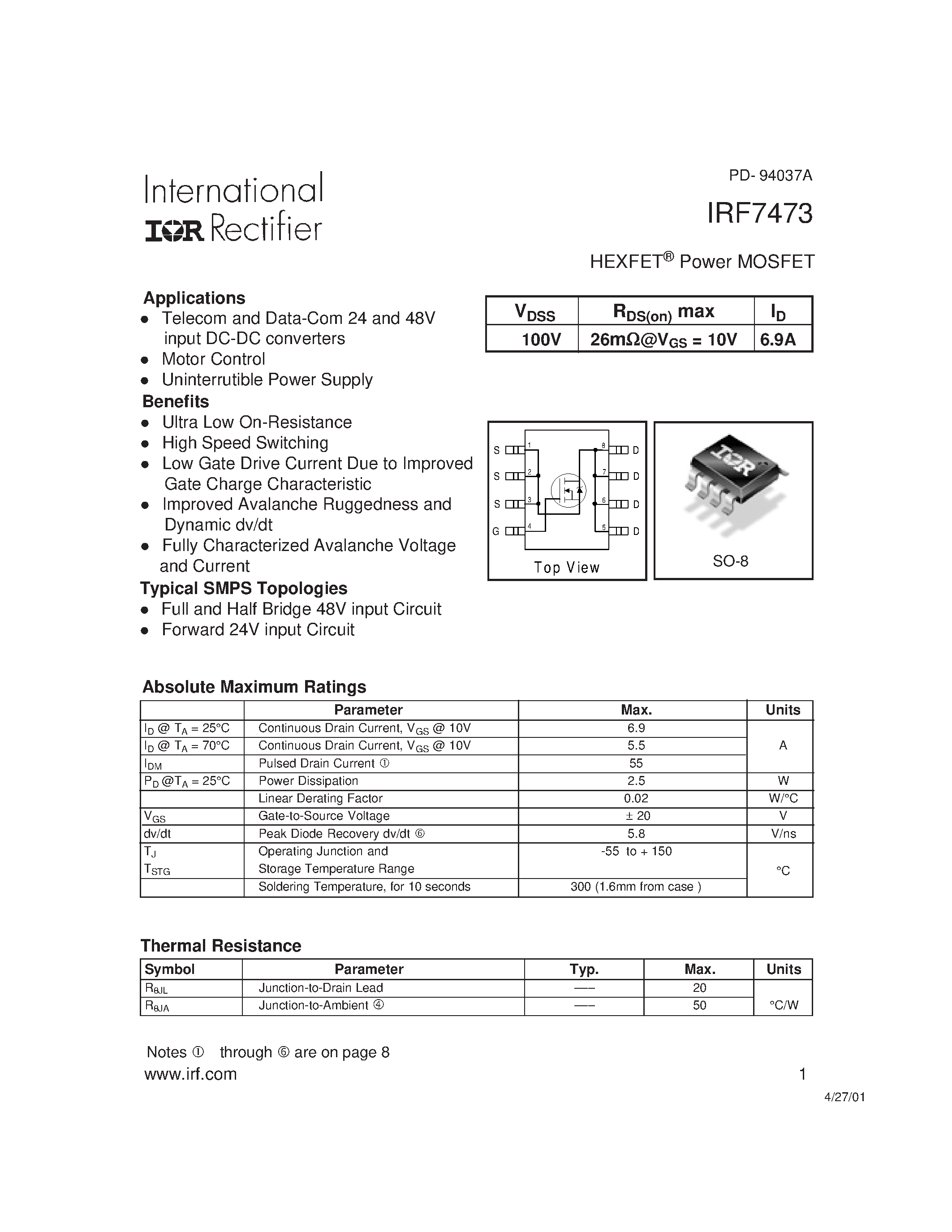 Datasheet IRF7473 - Power MOSFET(Vdss=100V/ iD=6.9A) page 1