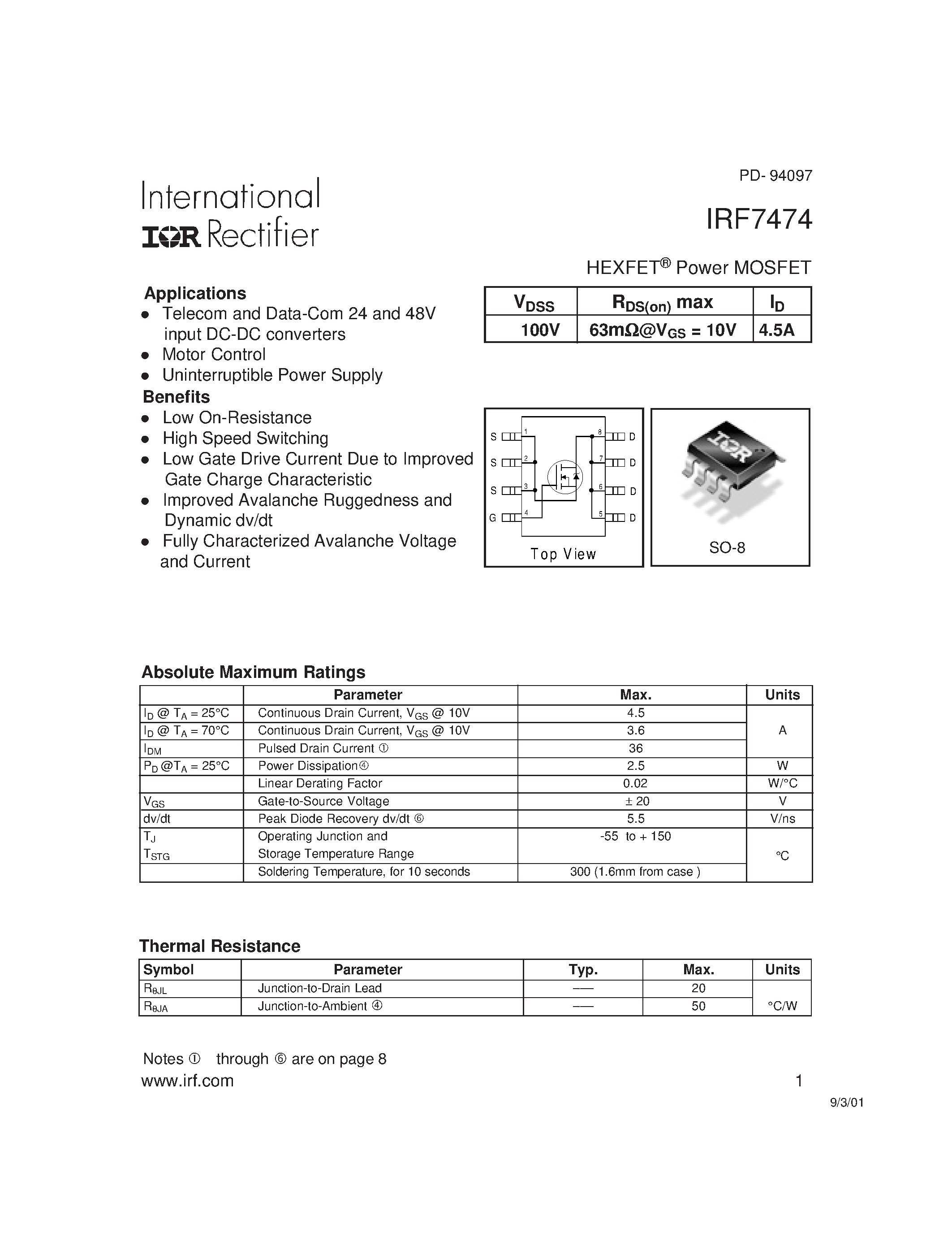 Datasheet IRF7474 - HEXFET Power MOSFET page 1