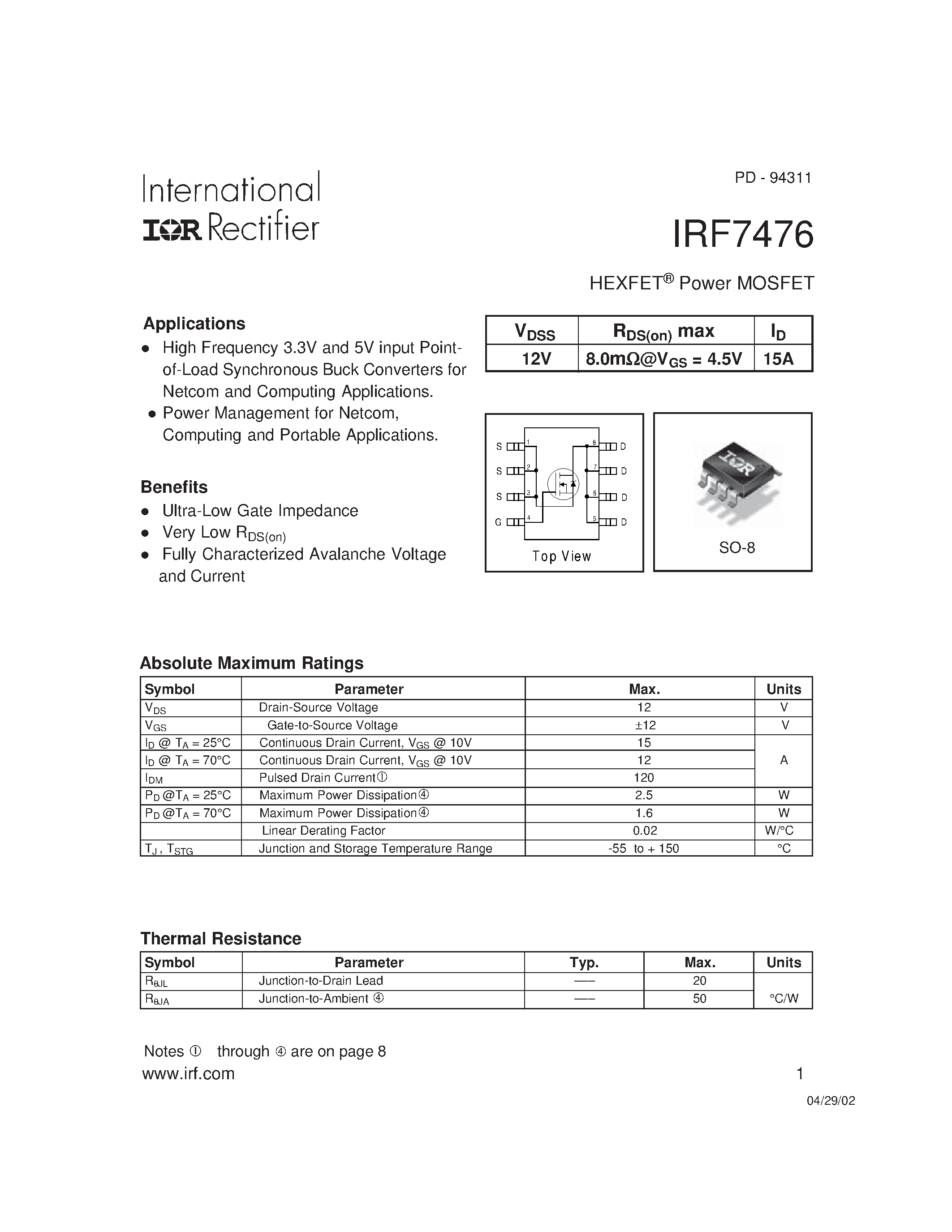 Datasheet IRF7476 page 1 Datasheet IRF7476 - Power MOSFET(Vdss=12V/ Id=15A) page 1