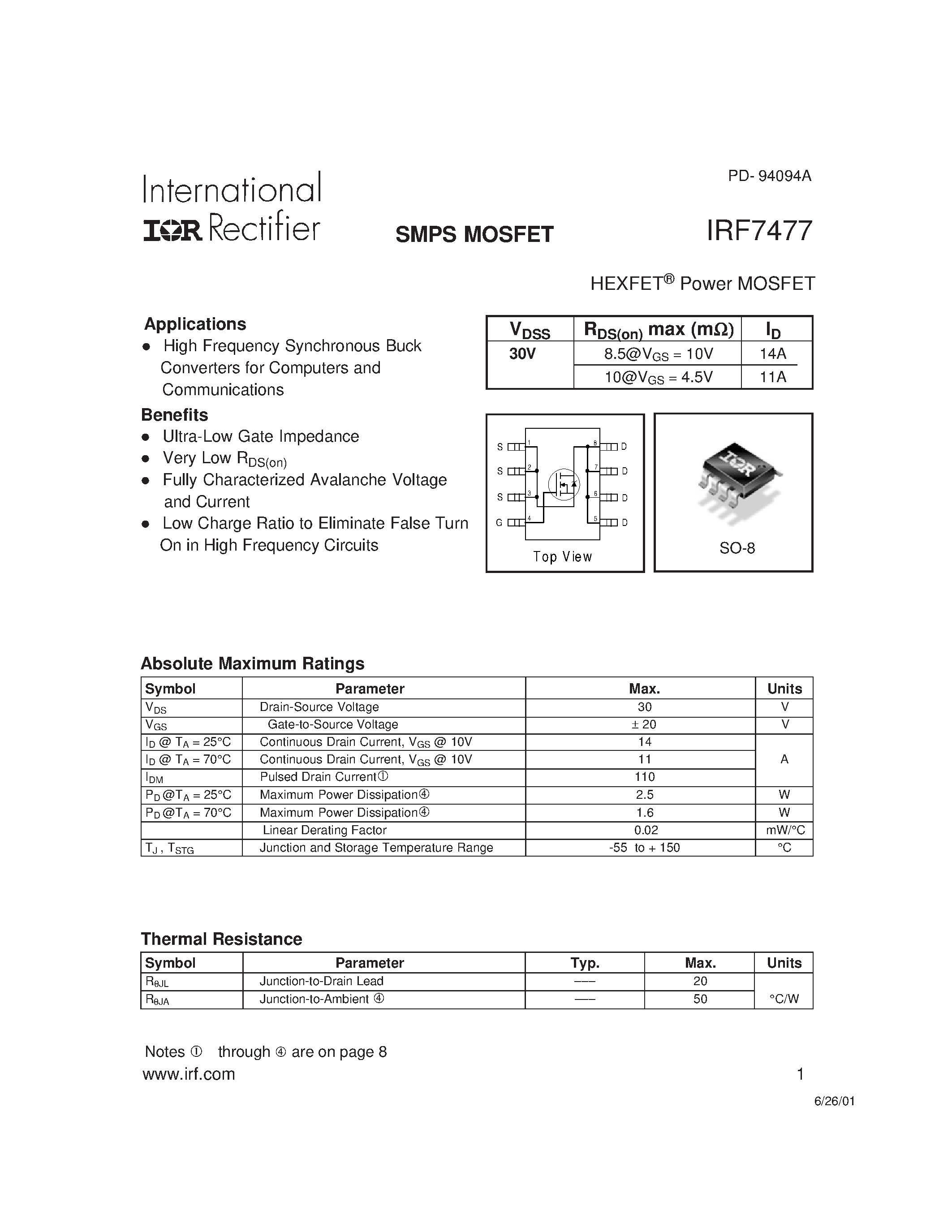 Datasheet IRF7477 - SMPS MOSFET page 1