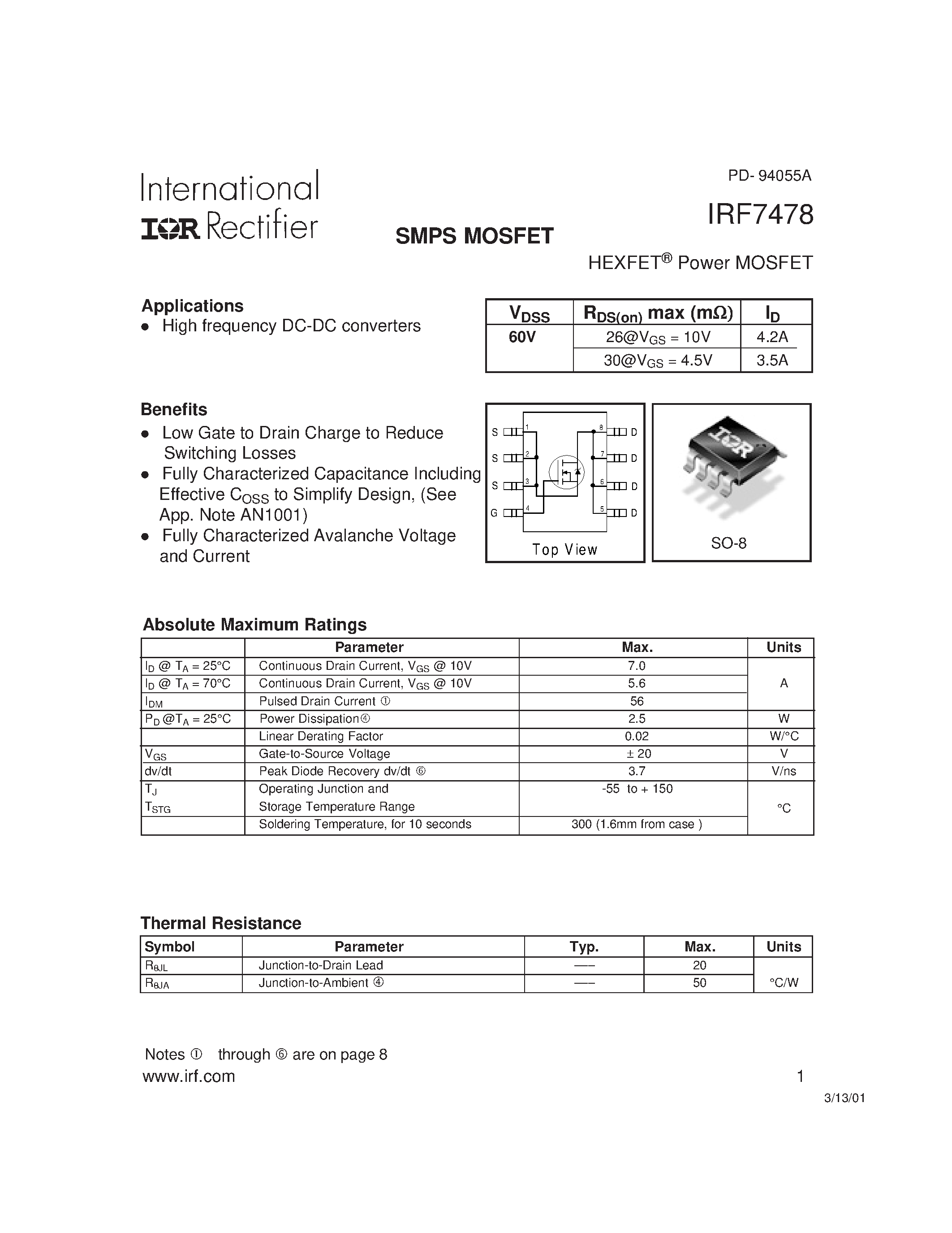 Datasheet IRF7478 - Power MOSFET(Vdss=60V) page 1