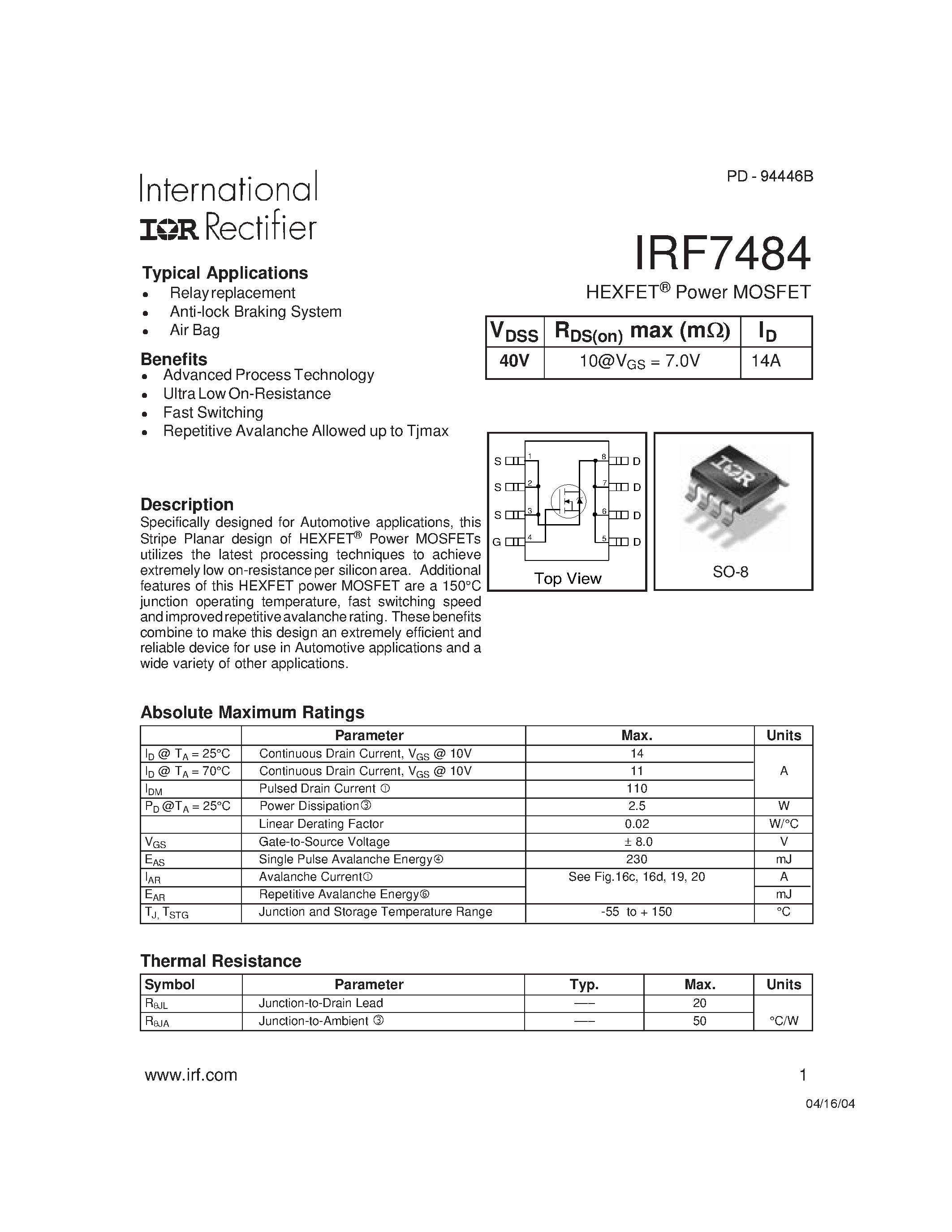 Datasheet IRF7484 - HEXFET Power MOSFET page 1