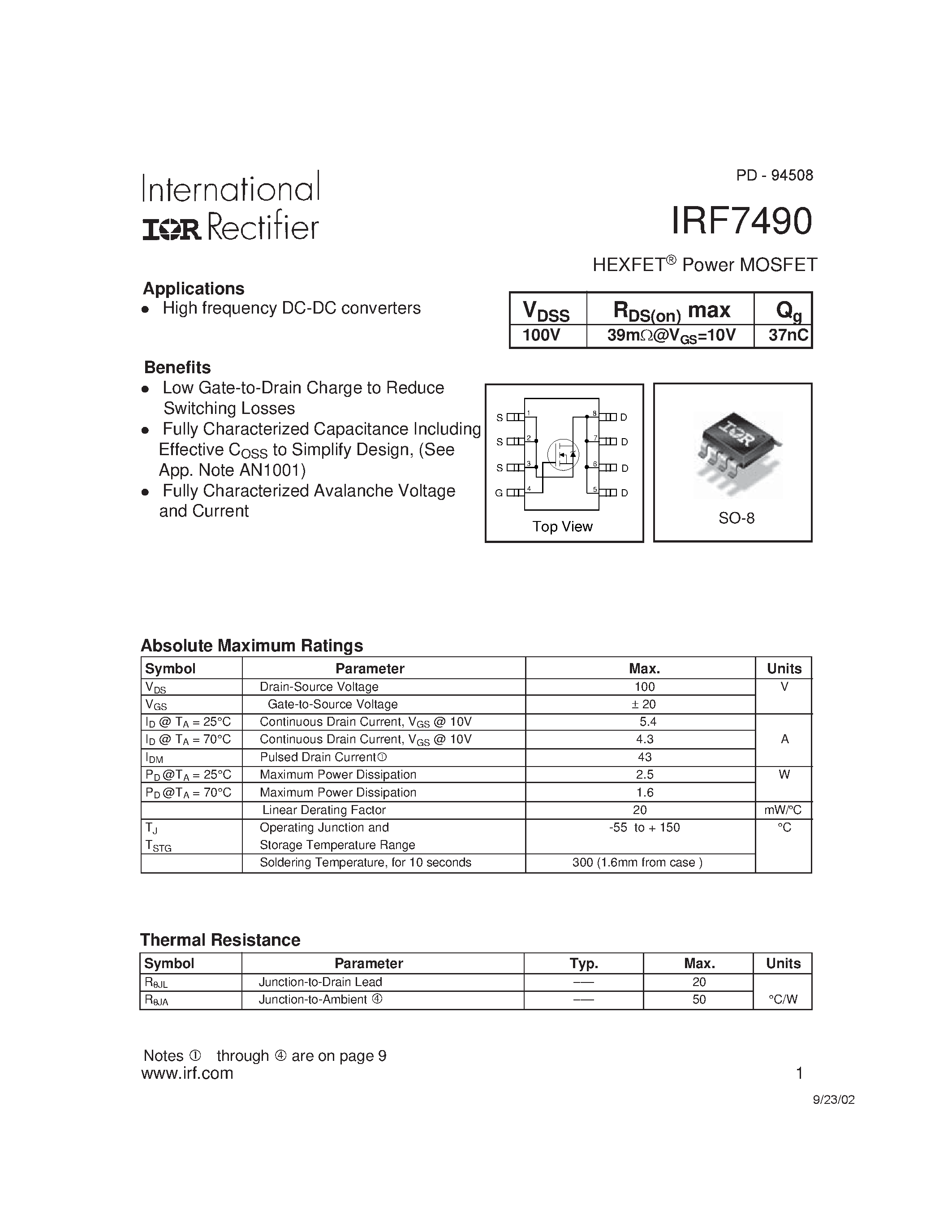 Datasheet IRF7490 - HEXFET Power MOSFET page 1