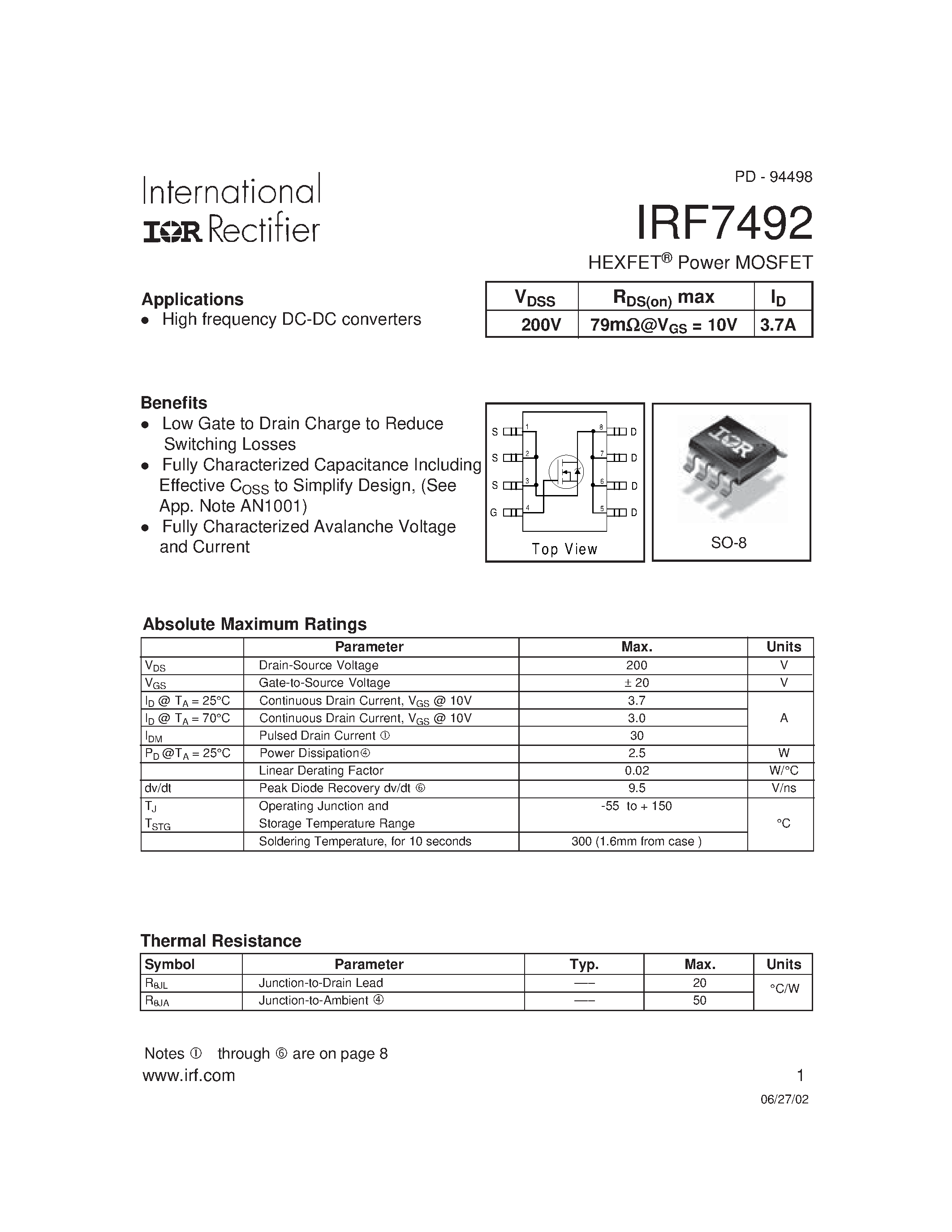 Datasheet IRF7492 - HEXFET Power MOSFET page 1