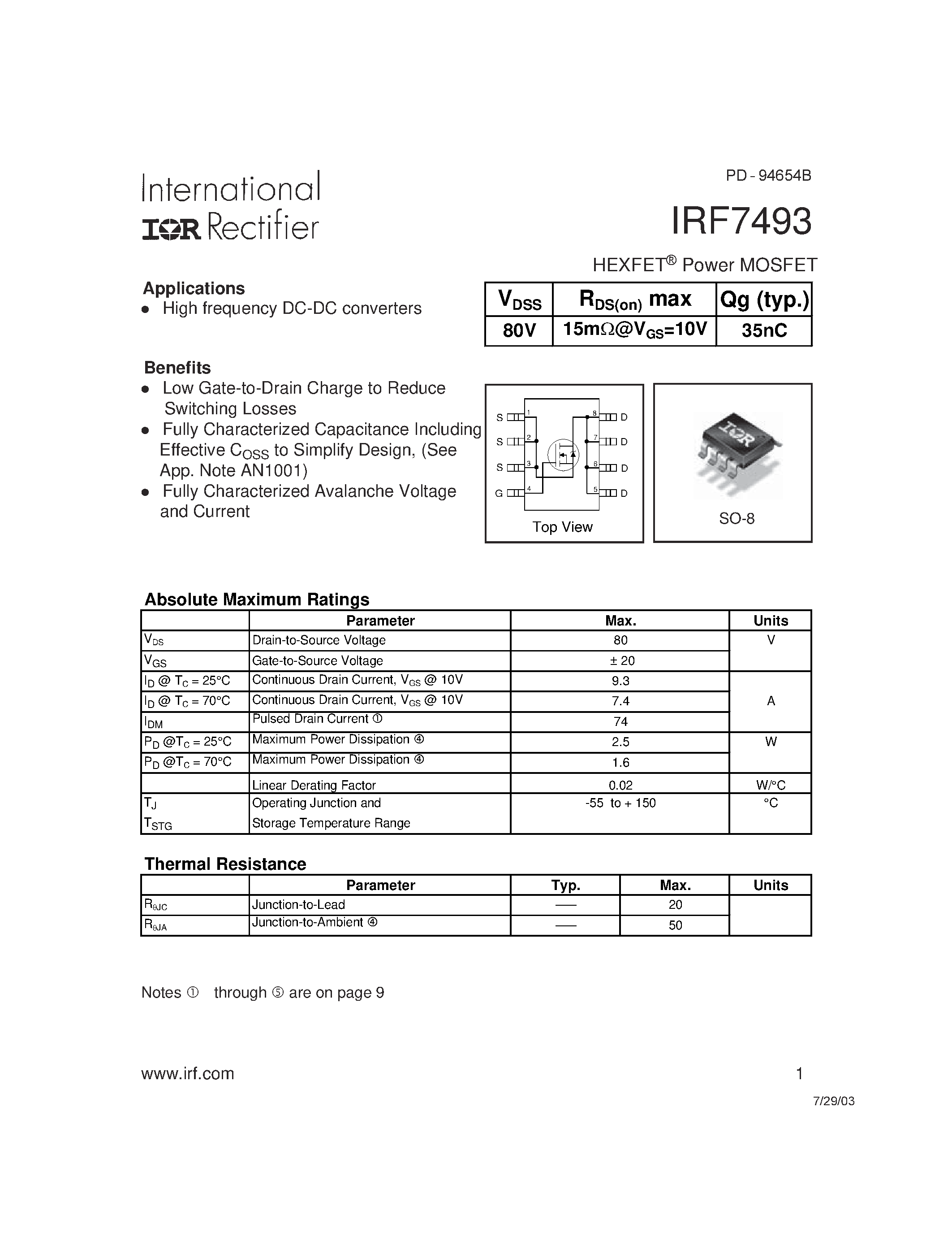 Datasheet IRF7493 - HEXFET Power MOSFET page 1