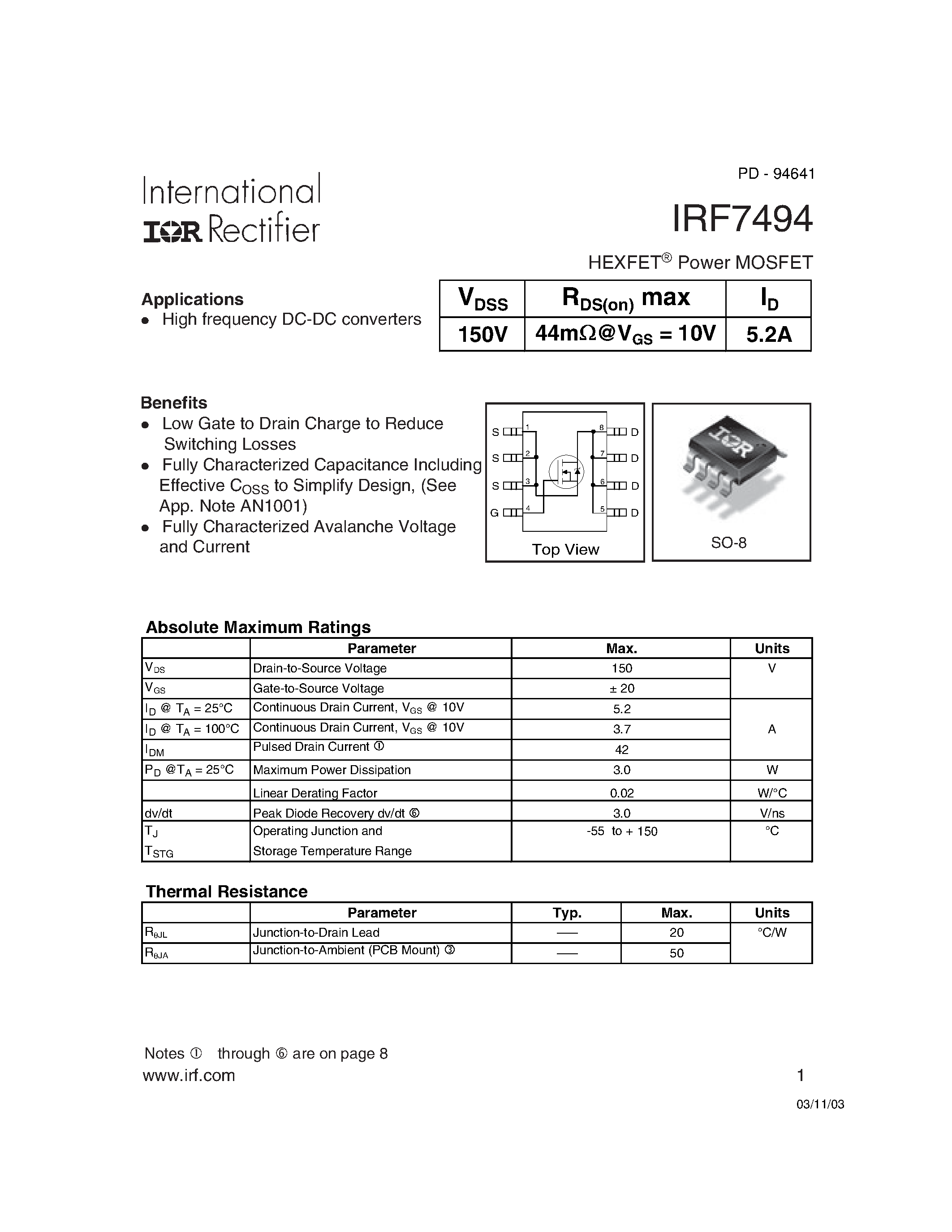 Datasheet IRF7494 - HEXFET Power MOSFET page 1