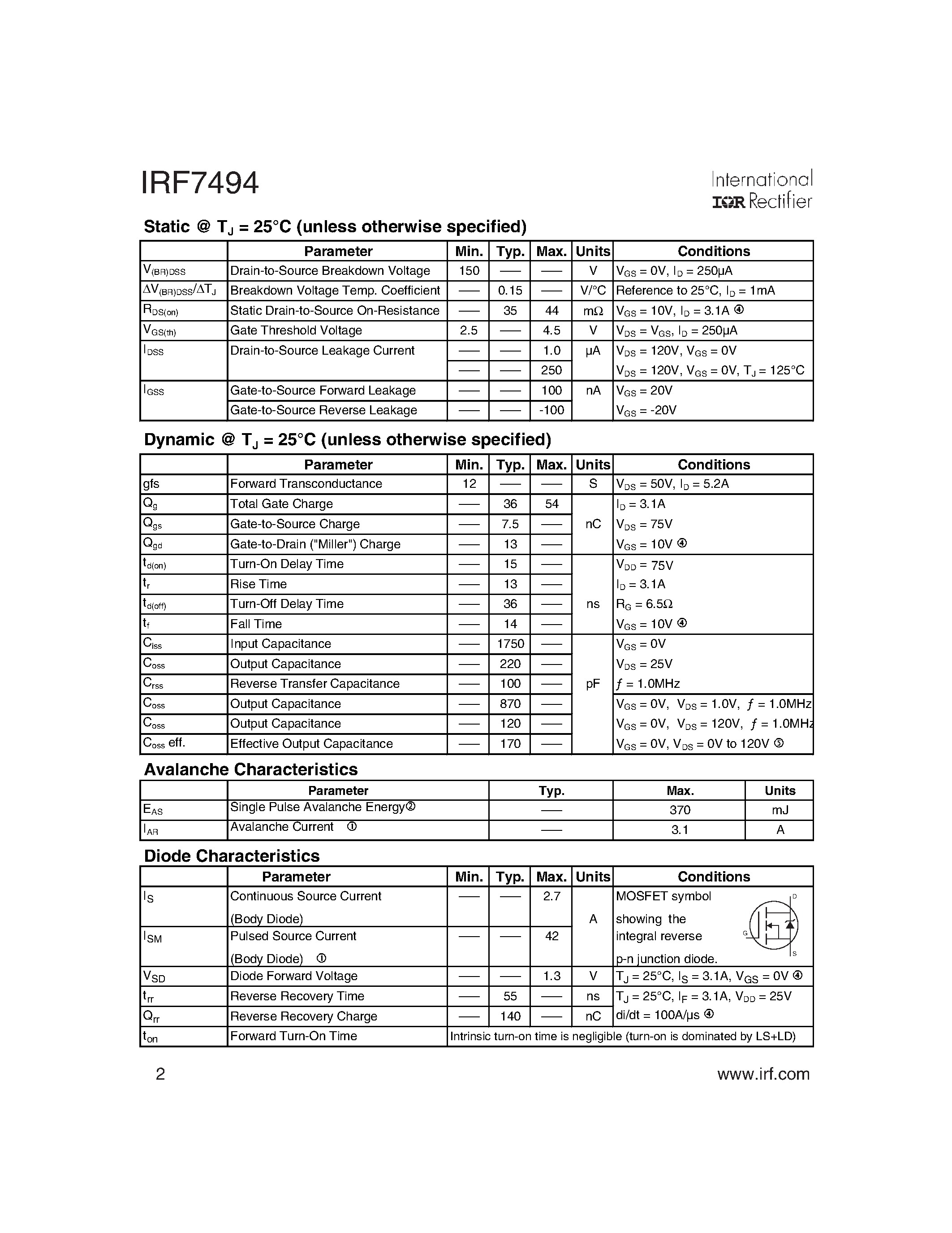 Datasheet IRF7494 - HEXFET Power MOSFET page 2