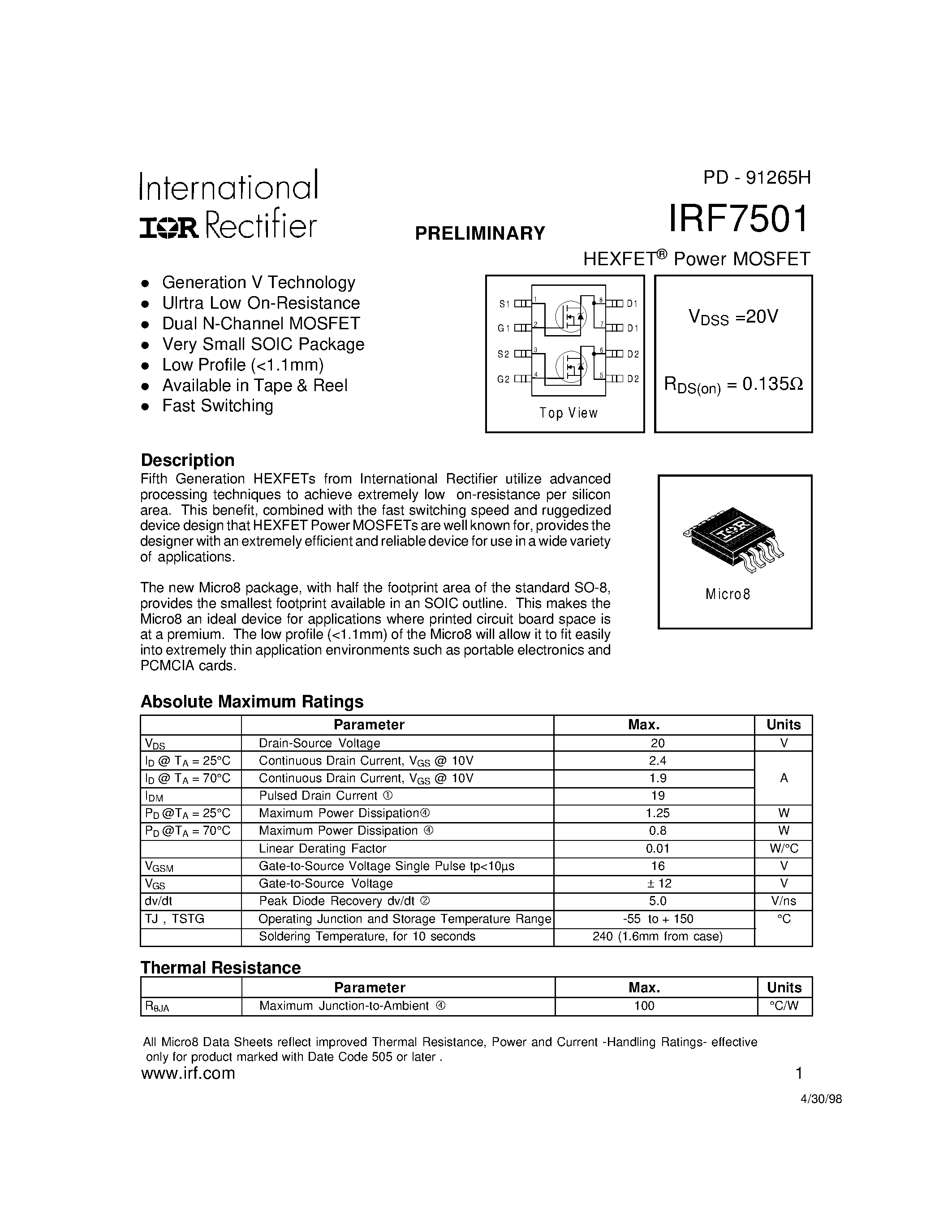 Datasheet IRF7501 - Power MOSFET(Vdss=20V/ Rds(on)=0.135ohm) page 1