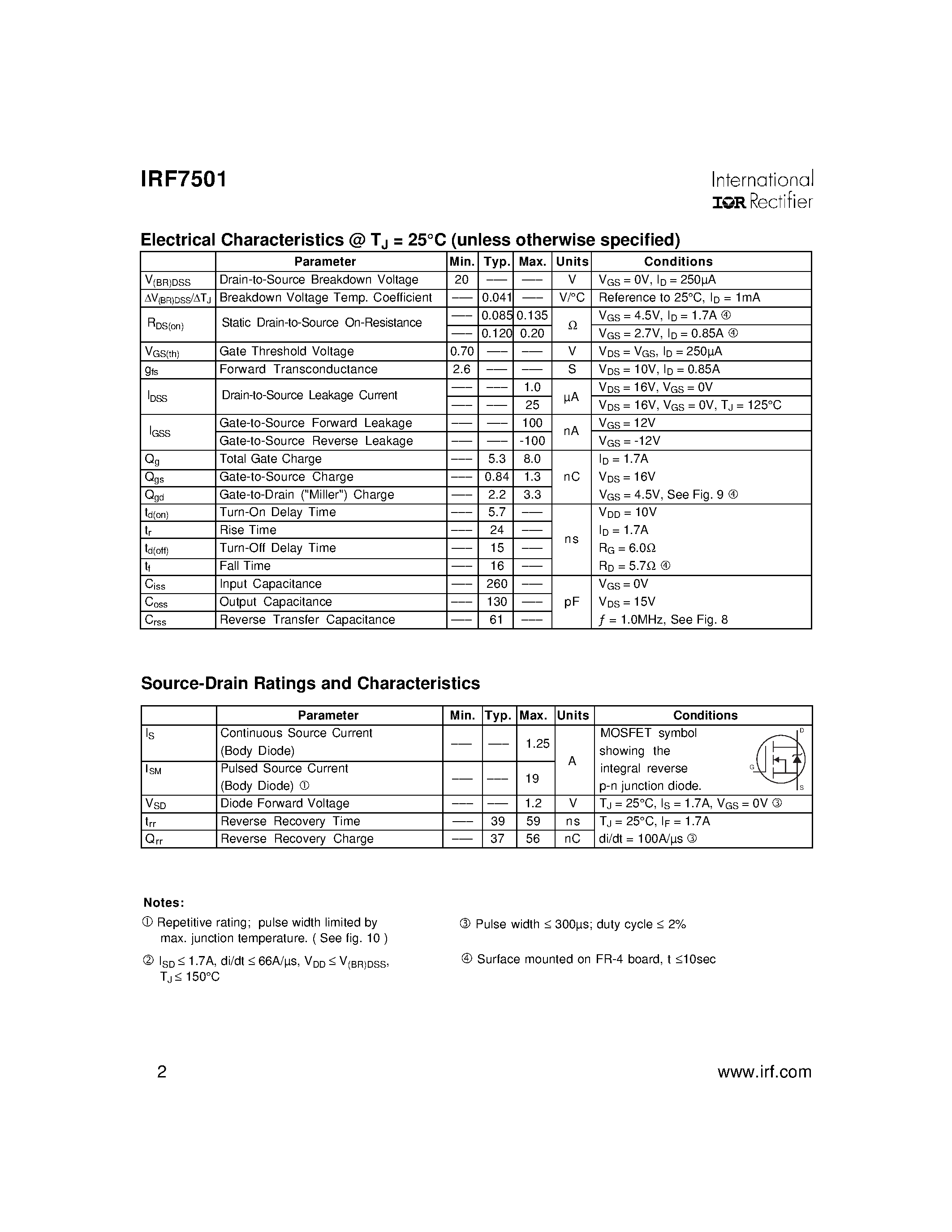 Datasheet IRF7501 - Power MOSFET(Vdss=20V/ Rds(on)=0.135ohm) page 2
