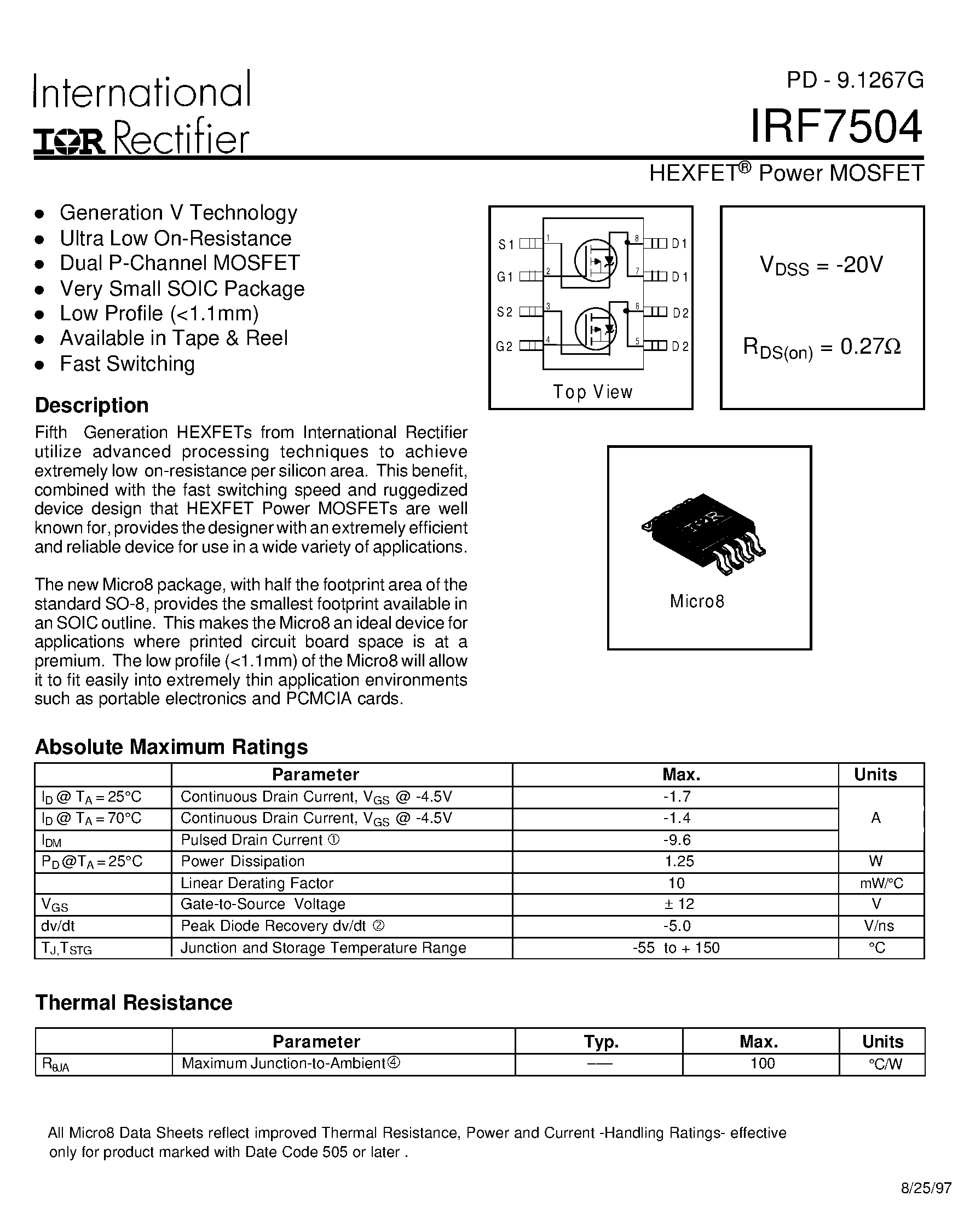 Datasheet IRF7504 - Power MOSFET(Vdss=-20V/ Rds(on)=0.27ohm) page 1