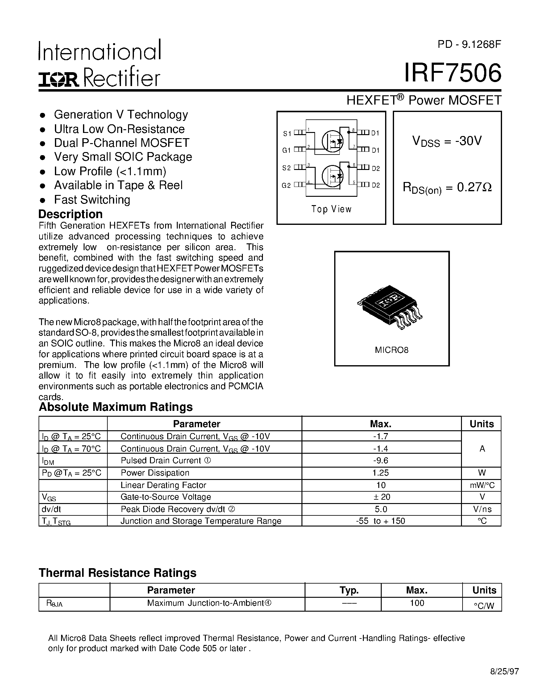 Datasheet IRF7506 - Power MOSFET(Vdss=-30V/ Rds(on)=0.27ohm) page 1