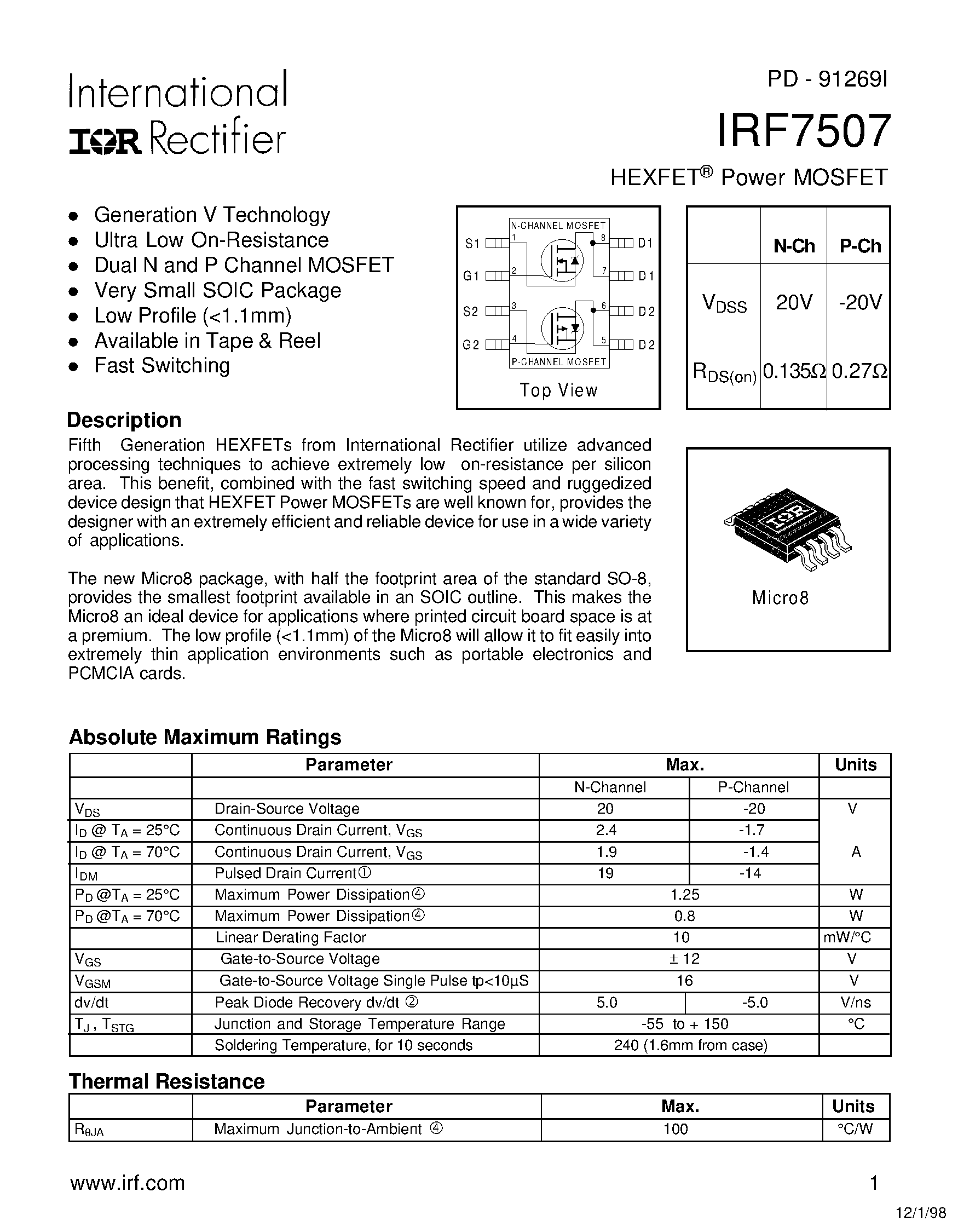 Datasheet IRF7507 - Power MOSFET(Vdss=+-20V) page 1