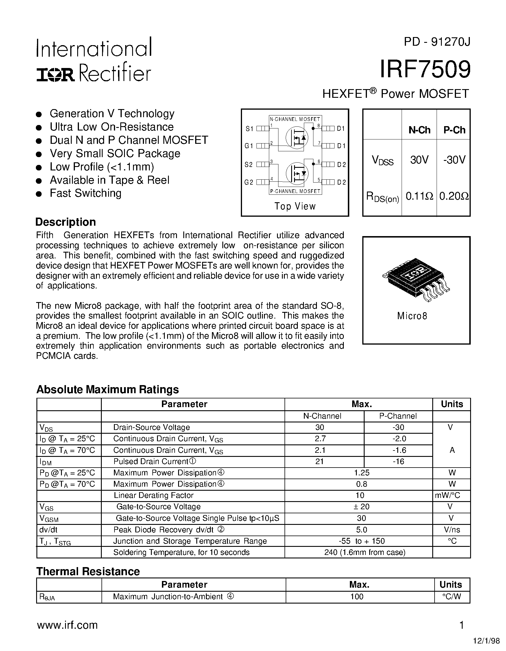 Datasheet IRF7509 - Power MOSFET(Vdss=+-30V) page 1