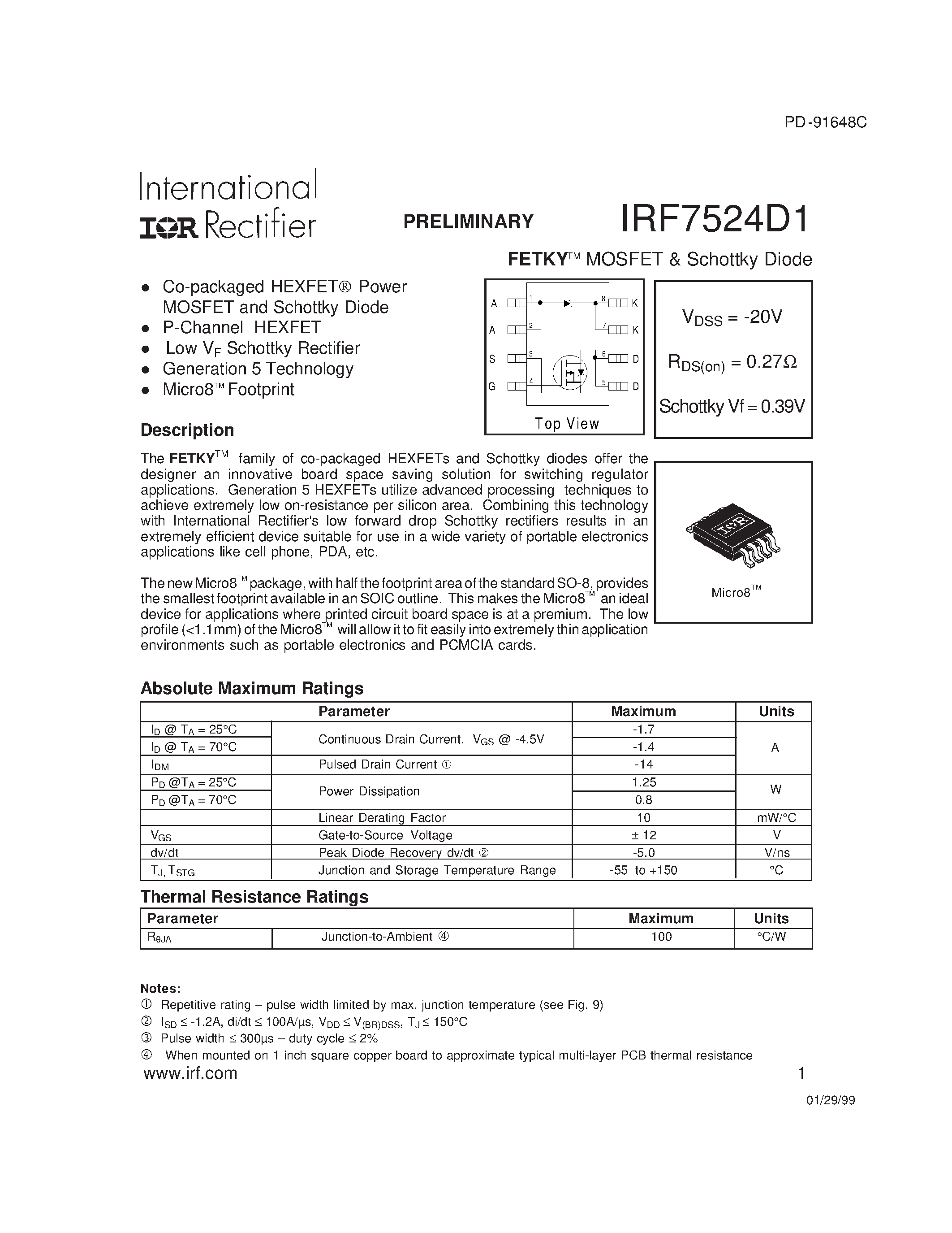Datasheet IRF7524D1 page 1 Datasheet IRF7524D1 - FETKY MOSFET & Schottky Diode(Vdss=-20V/ Rds(on)=0.27ohm/ Schottky Vf=0.39V) page 1