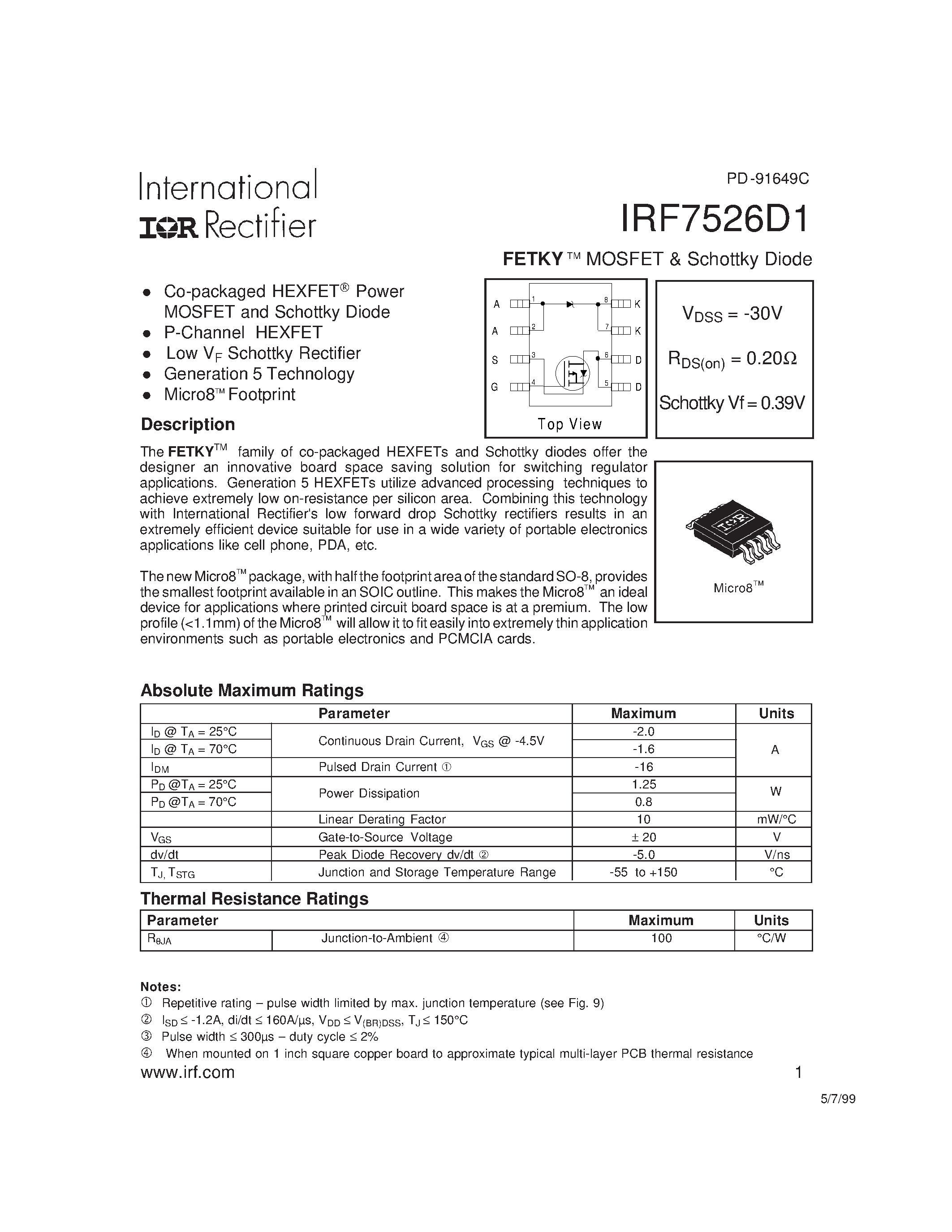 Datasheet IRF7526D1 - FETKY MOSFET & Schottky Diode(Vdss=-30V/ Rds(on)=0.20ohm/ Schottky Vf=0.39V) page 1