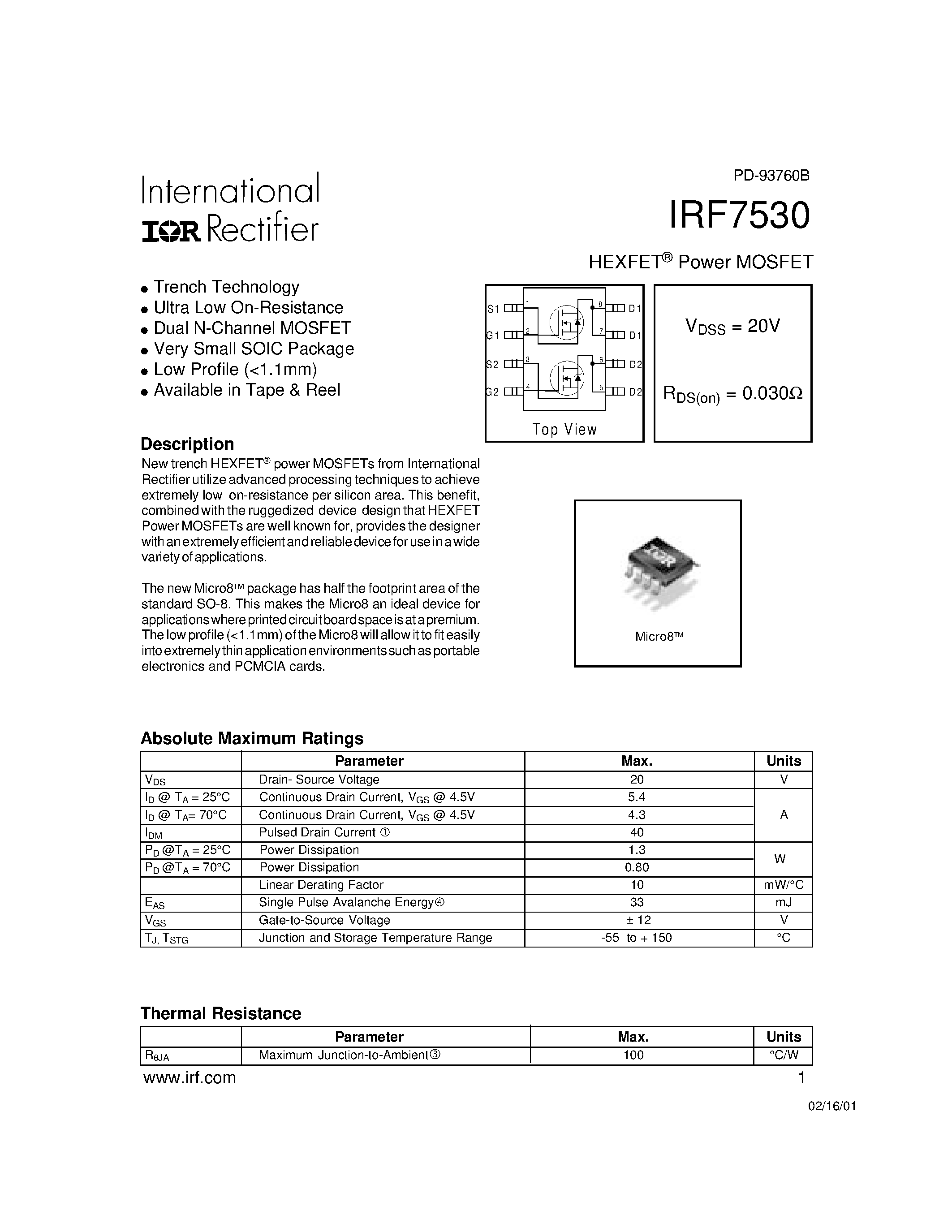 Datasheet IRF7530 - Power MOSFET(Vdss=20V/ Rds(on)=0.030ohm) page 1