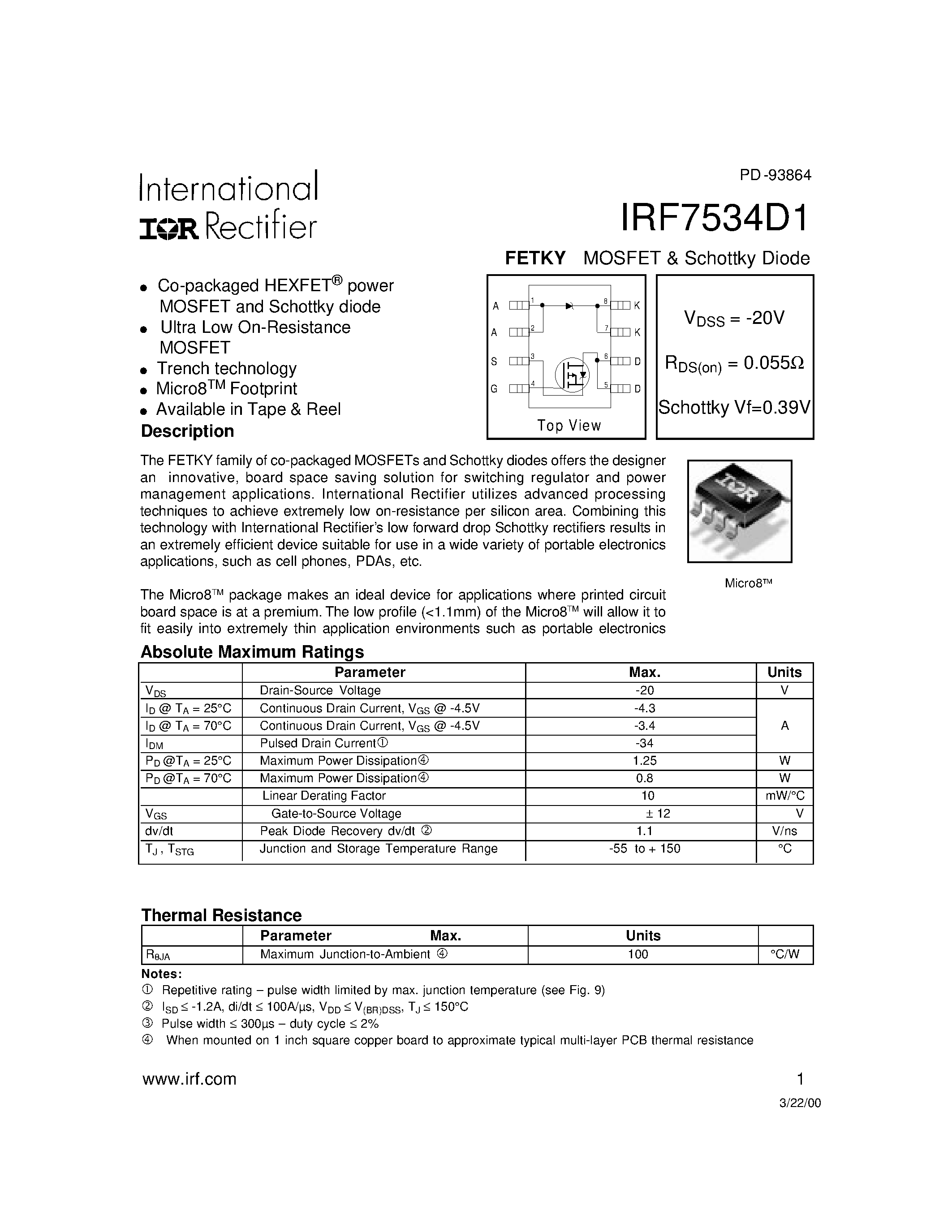 Datasheet IRF7534D1 - FETKY MOSFET & Schottky Diode(Vdss=-20V/ Rds(on)=0.055ohm/ Schottky Vf=0.39V) page 1