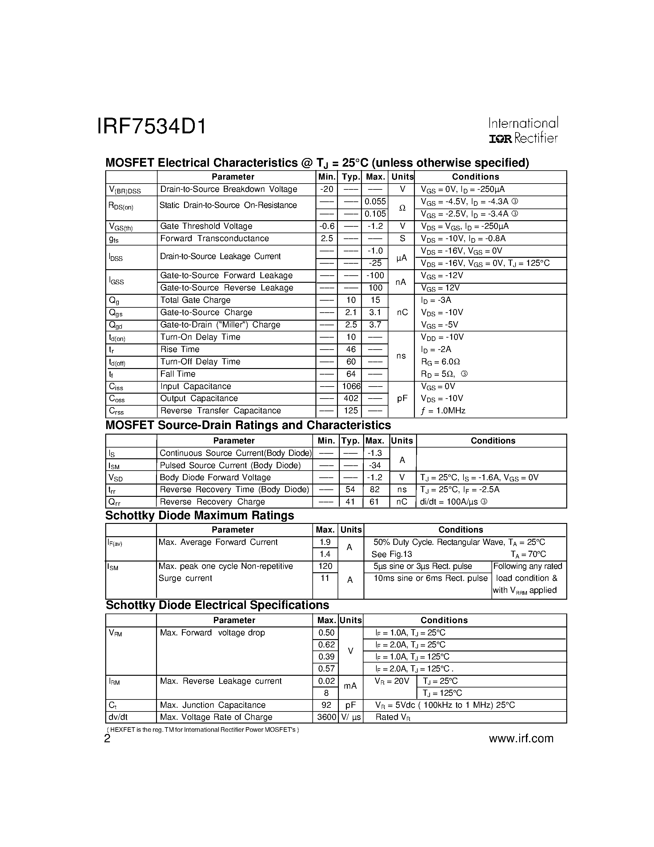 Datasheet IRF7534D1 - FETKY MOSFET & Schottky Diode(Vdss=-20V/ Rds(on)=0.055ohm/ Schottky Vf=0.39V) page 2