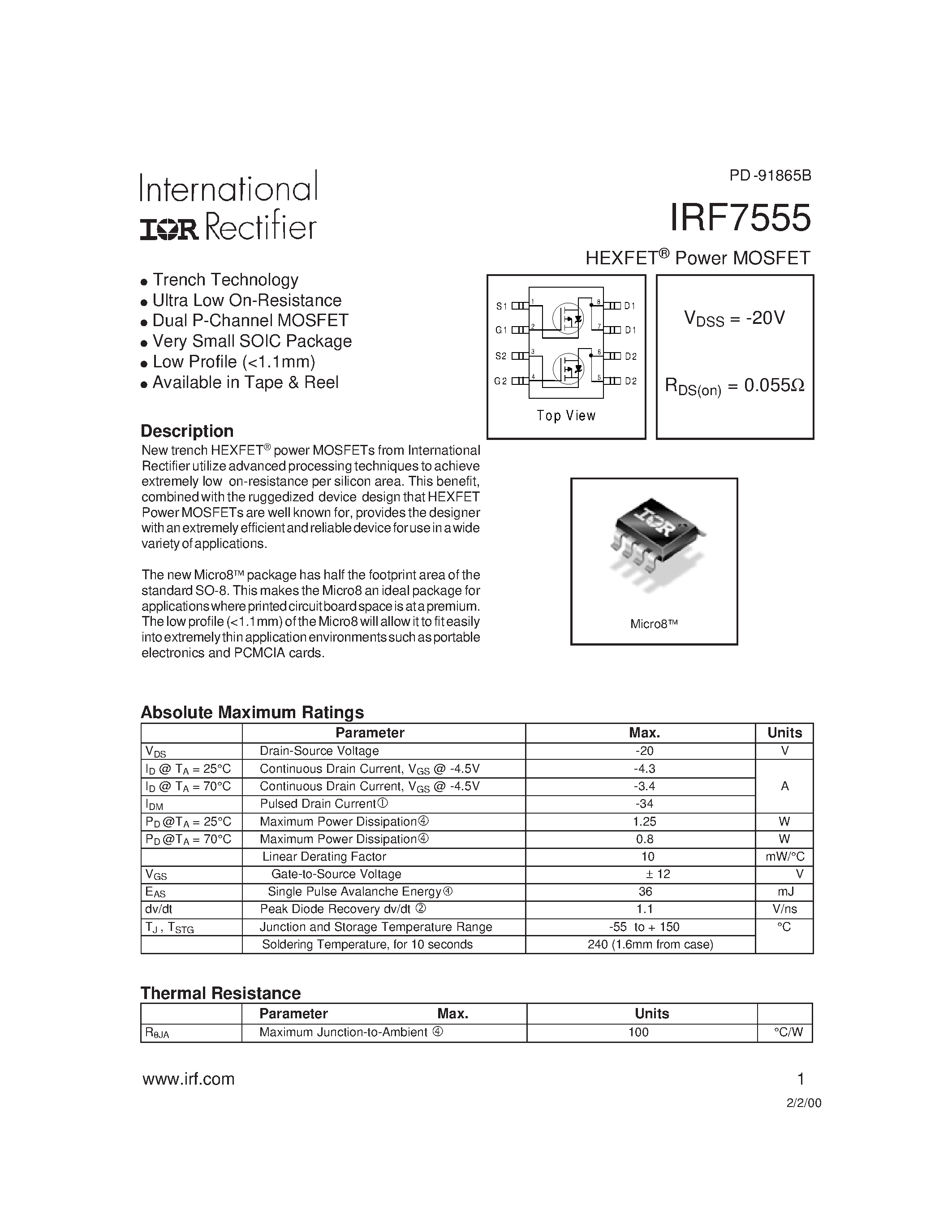 Datasheet IRF7555 - Power MOSFET(Vdss=-20V/ Rds(on)=0.055ohm) page 1