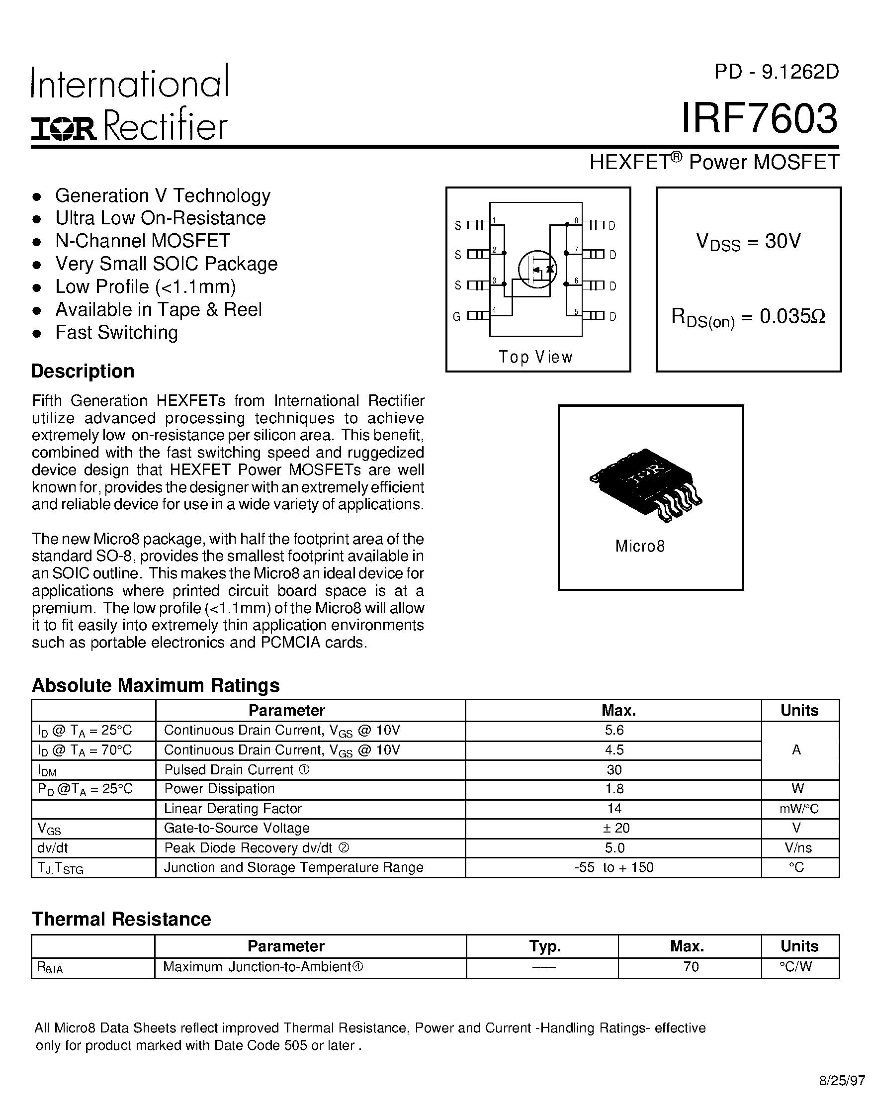 Datasheet IRF7603 - Power MOSFET(Vdss=30V/ Rds(on)=0.035ohm) page 1