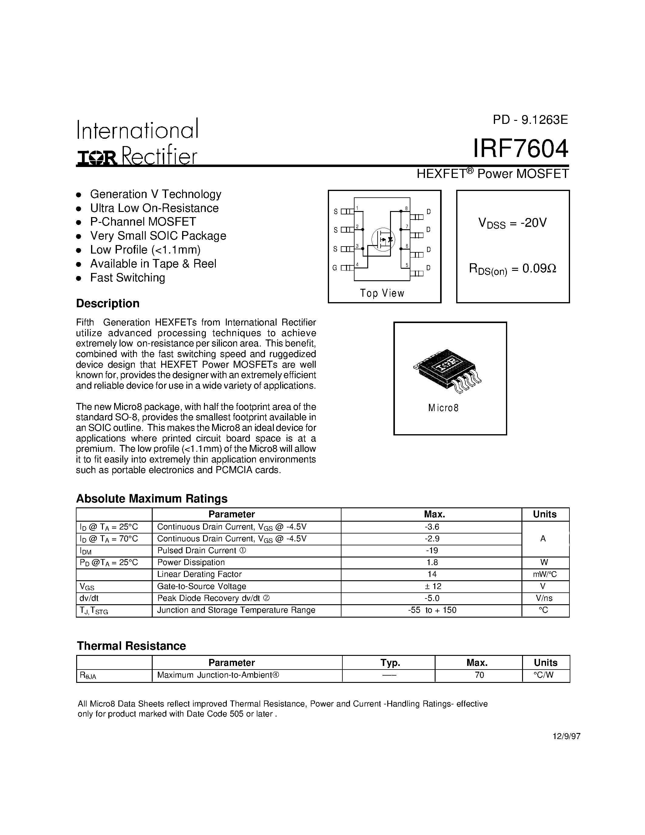 Datasheet IRF7604 - Power MOSFET(Vdss=-20V/ Rds(on)=0.09ohm) page 1