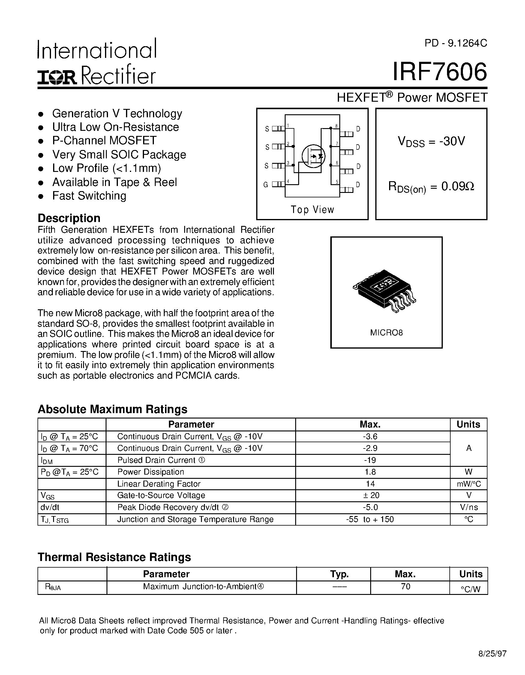 Datasheet IRF7606 page 1 Datasheet IRF7606 - Power MOSFET(Vdss=-30V/ Rds(on)=0.09ohm) page 1