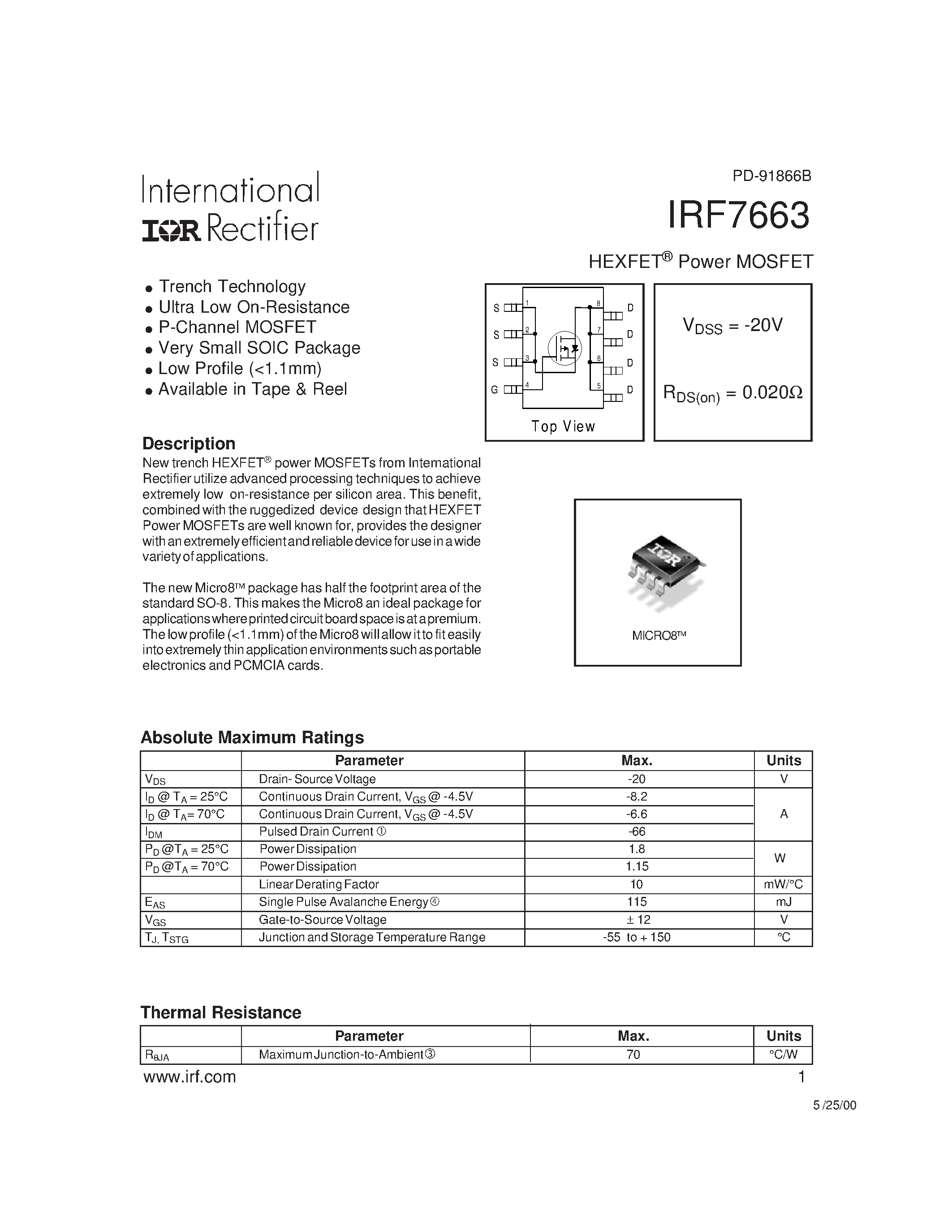 Datasheet IRF7663 - Power MOSFET(Vdss=-20V/ Rds(on)=0.020ohm) page 1
