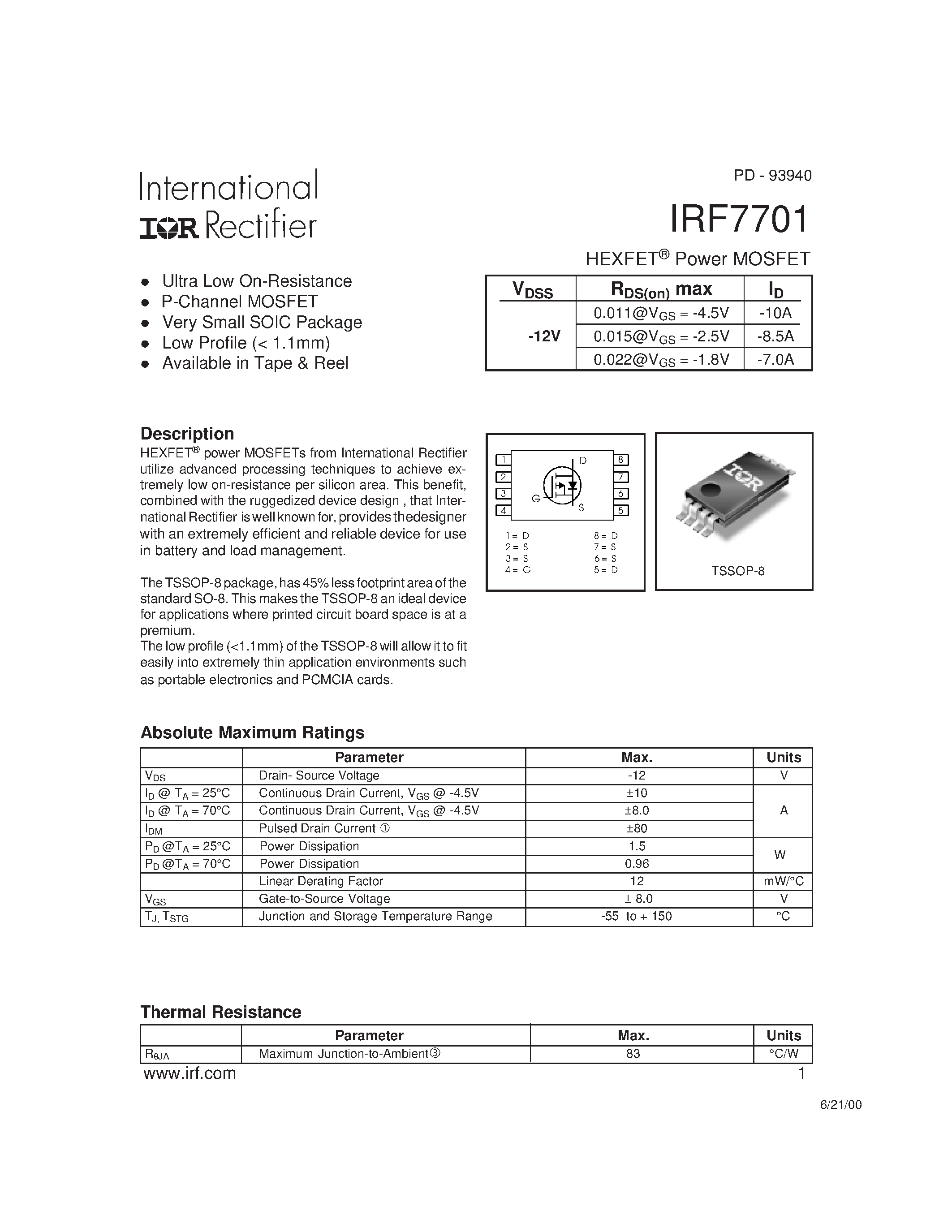 Datasheet IRF7701 - Power MOSFET(Vdss=-12V) page 1