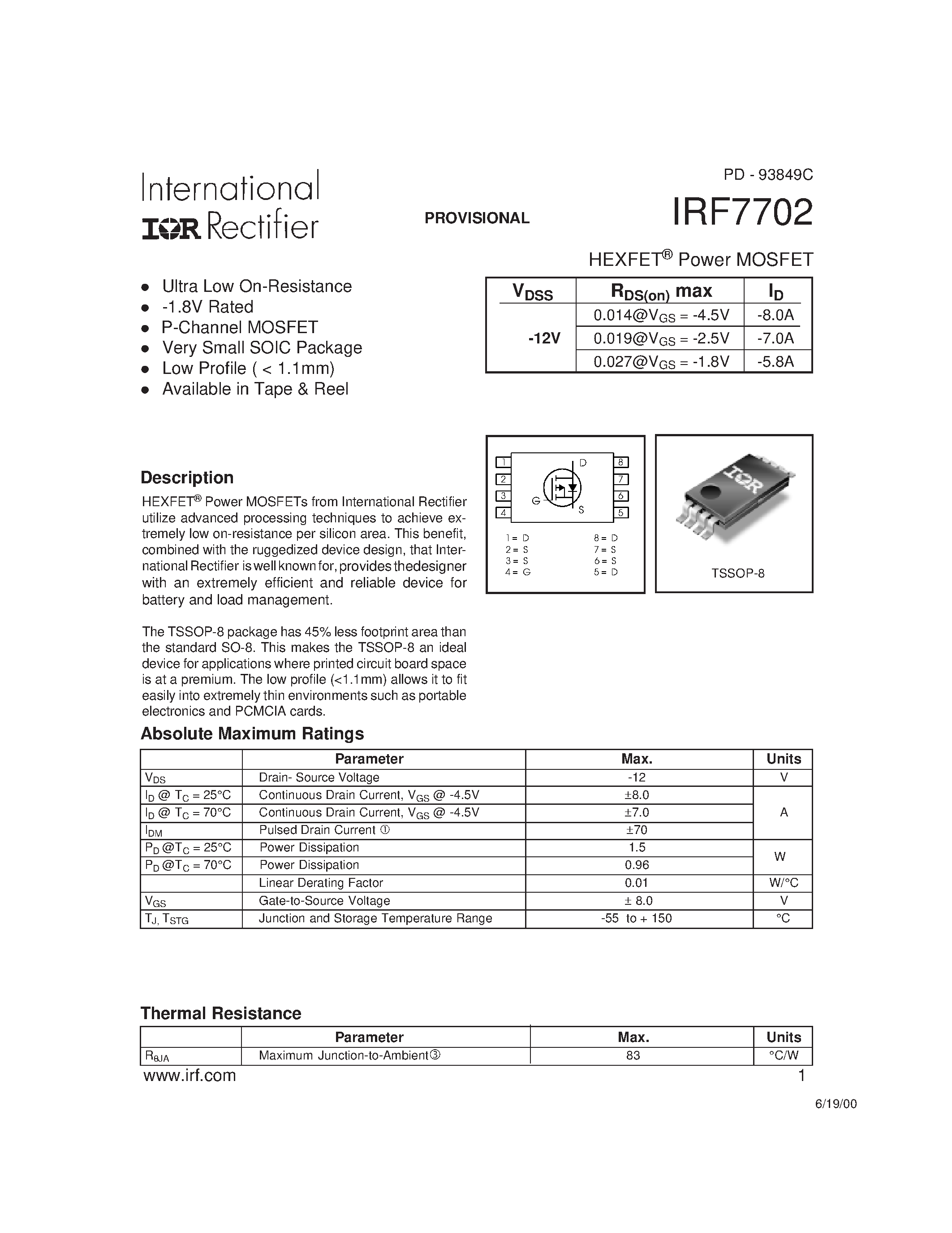 Datasheet IRF7702 - Power MOSFET(Vdss=-12V) page 1