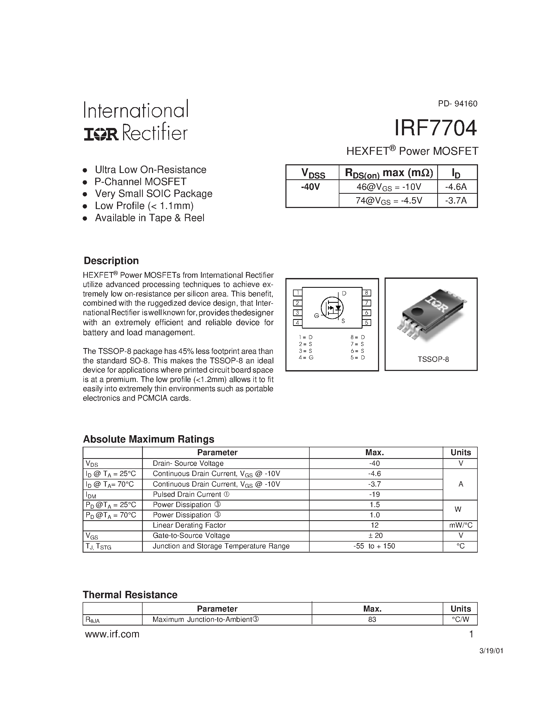 Datasheet IRF7704 - Power MOSFET(Vdss=-40V) page 1