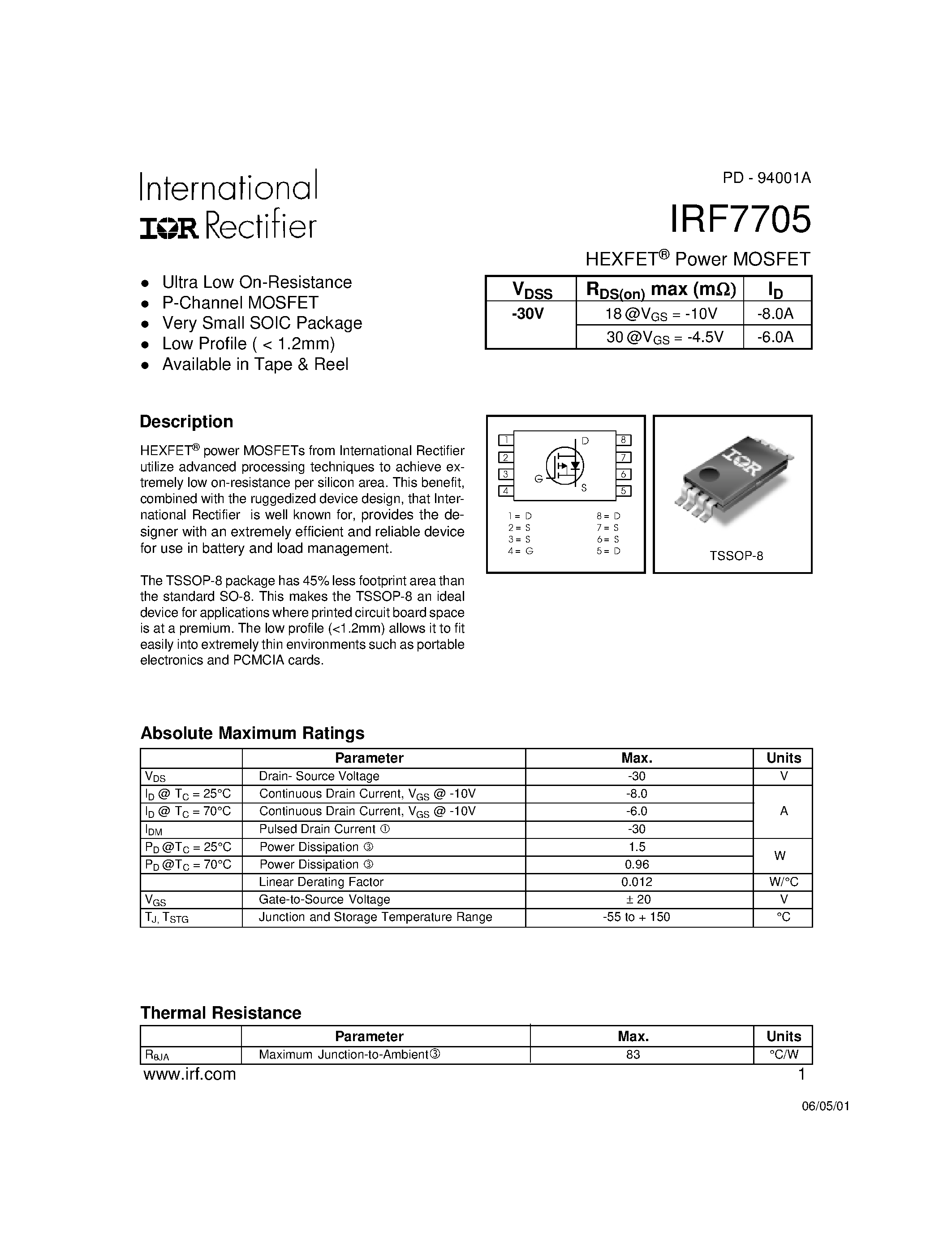 Datasheet IRF7705 page 1 Datasheet IRF7705 - Power MOSFET(Vdss=-30V) page 1