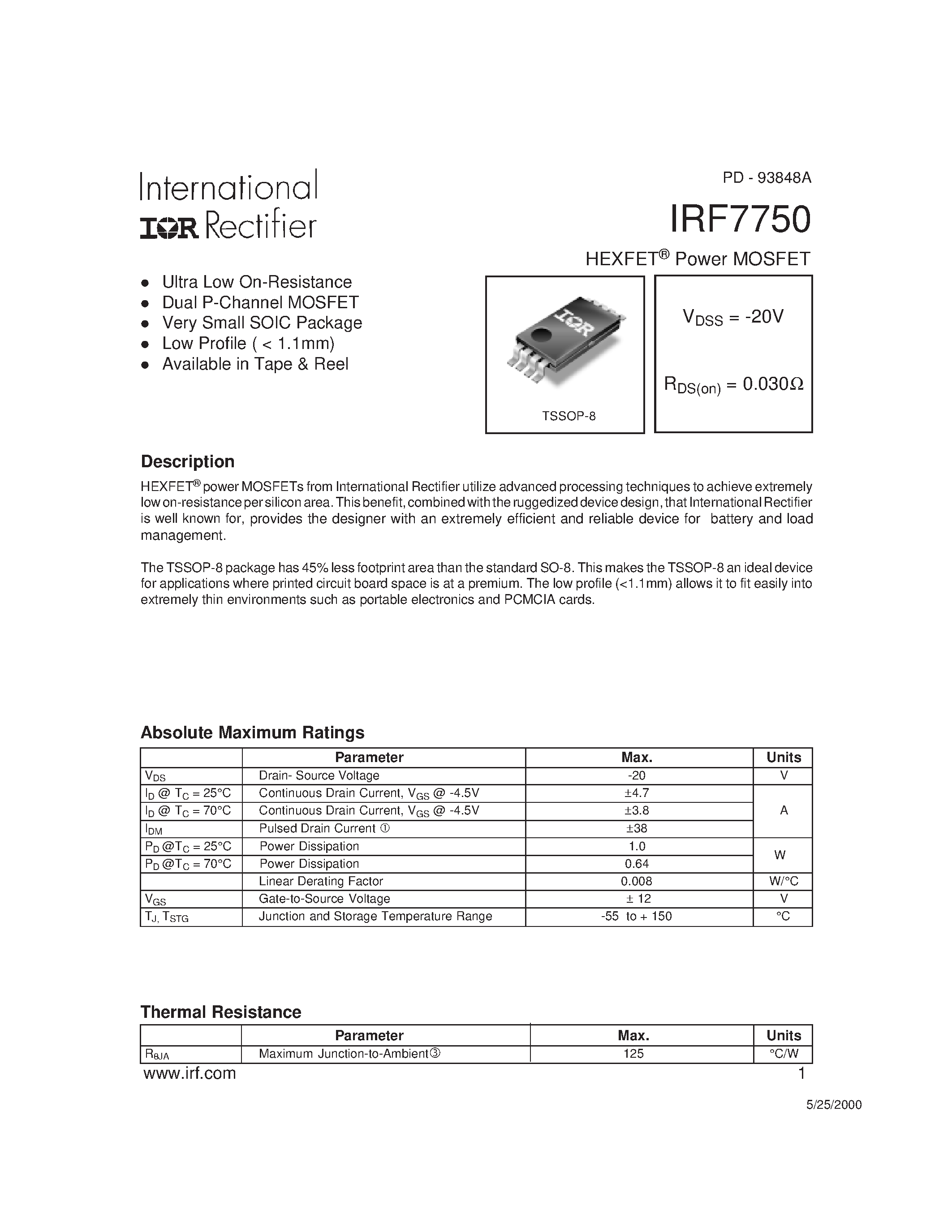 Datasheet IRF7750 page 1 Datasheet IRF7750 - Power MOSFET(Vdss=-20V/ Rds(on)=0.030ohm) page 1
