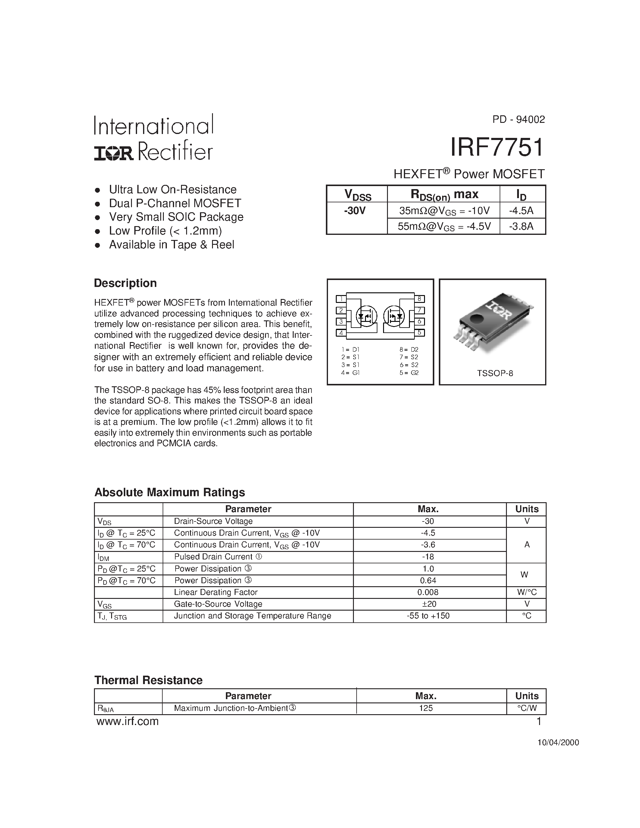 Datasheet IRF7751 page 1 Datasheet IRF7751 - Power MOSFET(Vdss=-30V) page 1