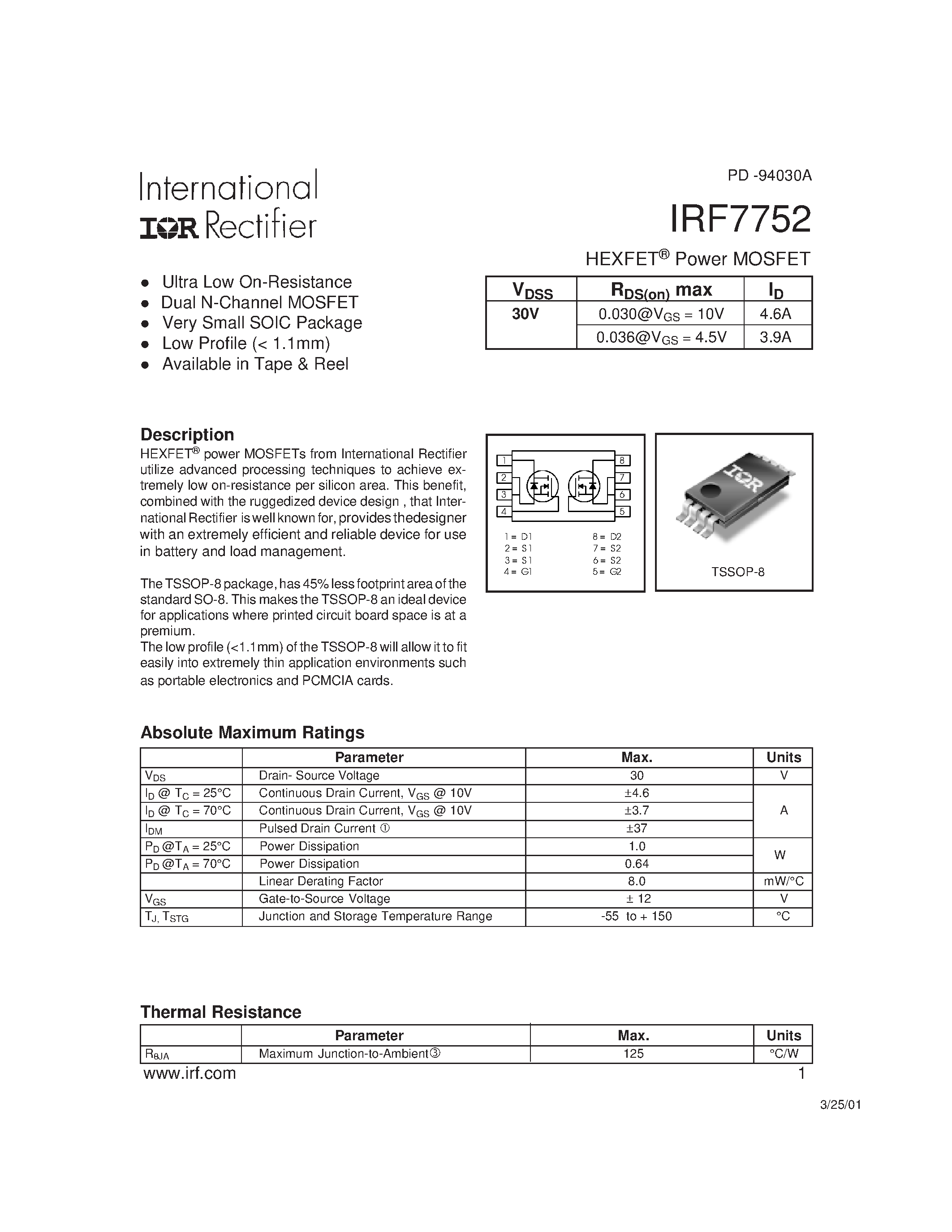 Datasheet IRF7752 - Power MOSFET(Vdss=30V) page 1