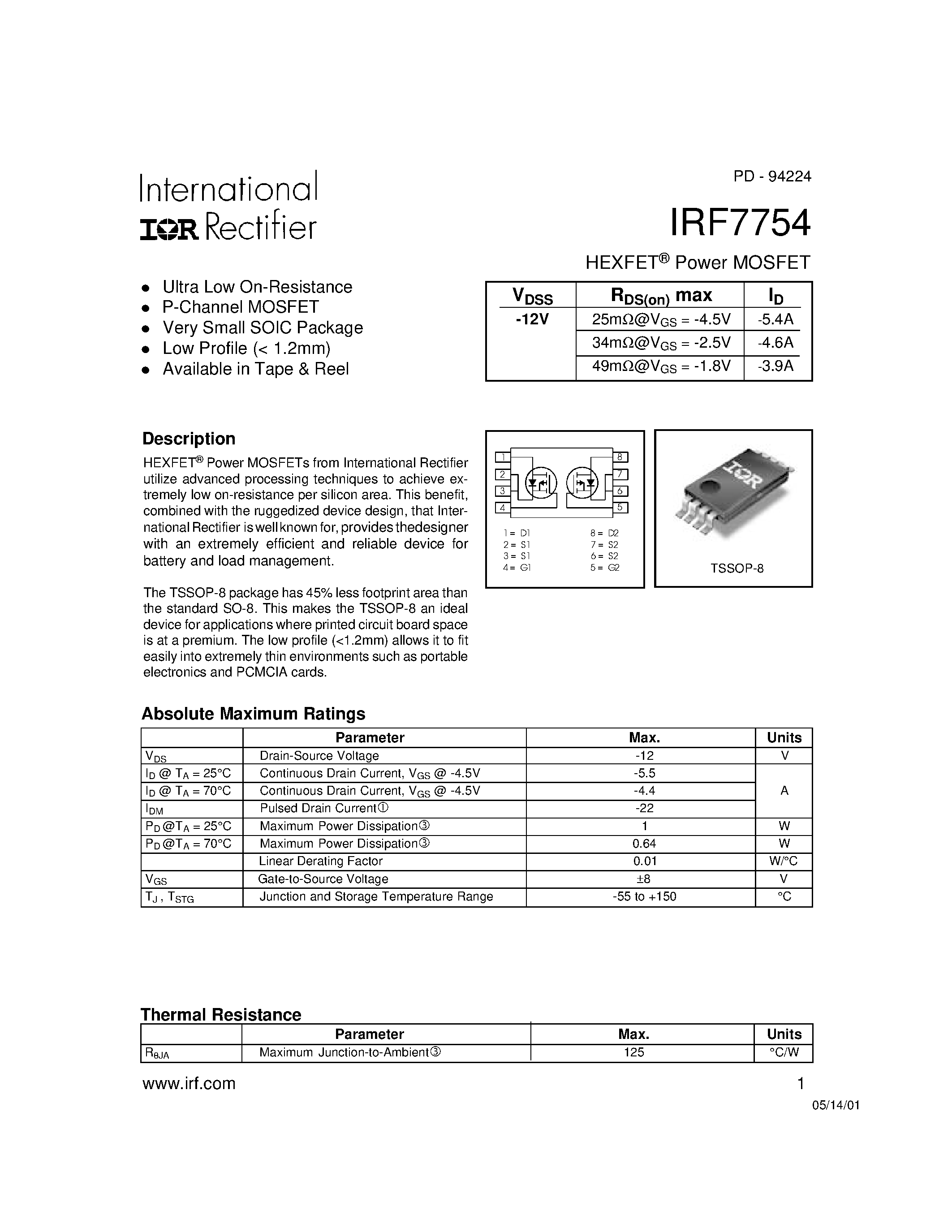 Datasheet IRF7754 - Power MOSFET(Vdss=-12V) page 1